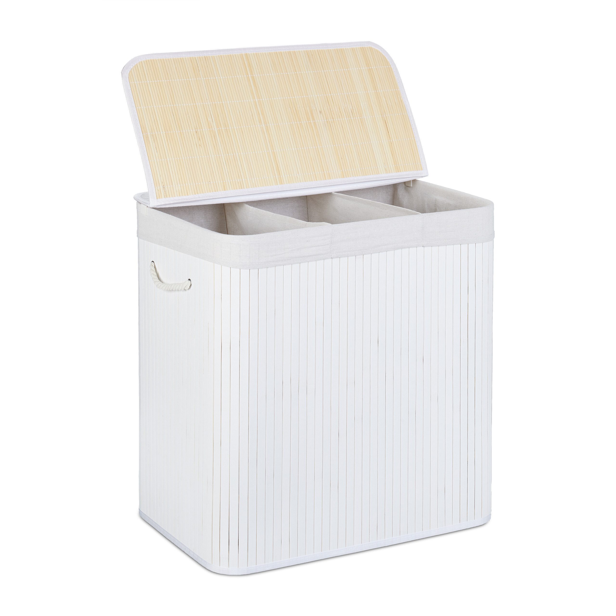 relaxdays Wäschesortierer Bambus Wäschekorb 3 Fächer, weiß günstig online kaufen