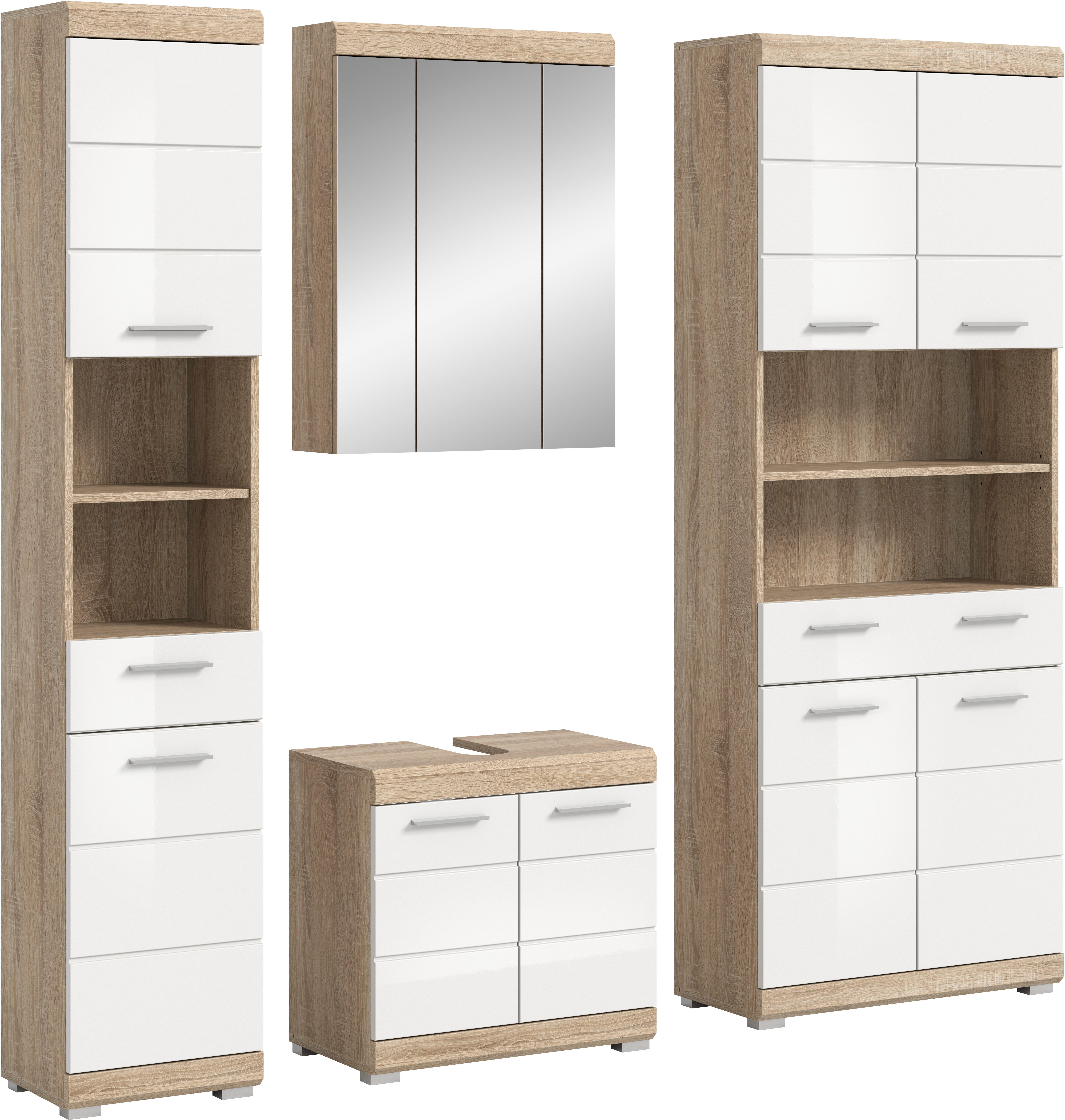 welltime Badmöbel-Set SIENA, 4 teilig, bestehend aus:, (Set, 4-St., TOPSELLER), Hochschrank schmal, WBU, Spiegelschrank, Hochschrank breit