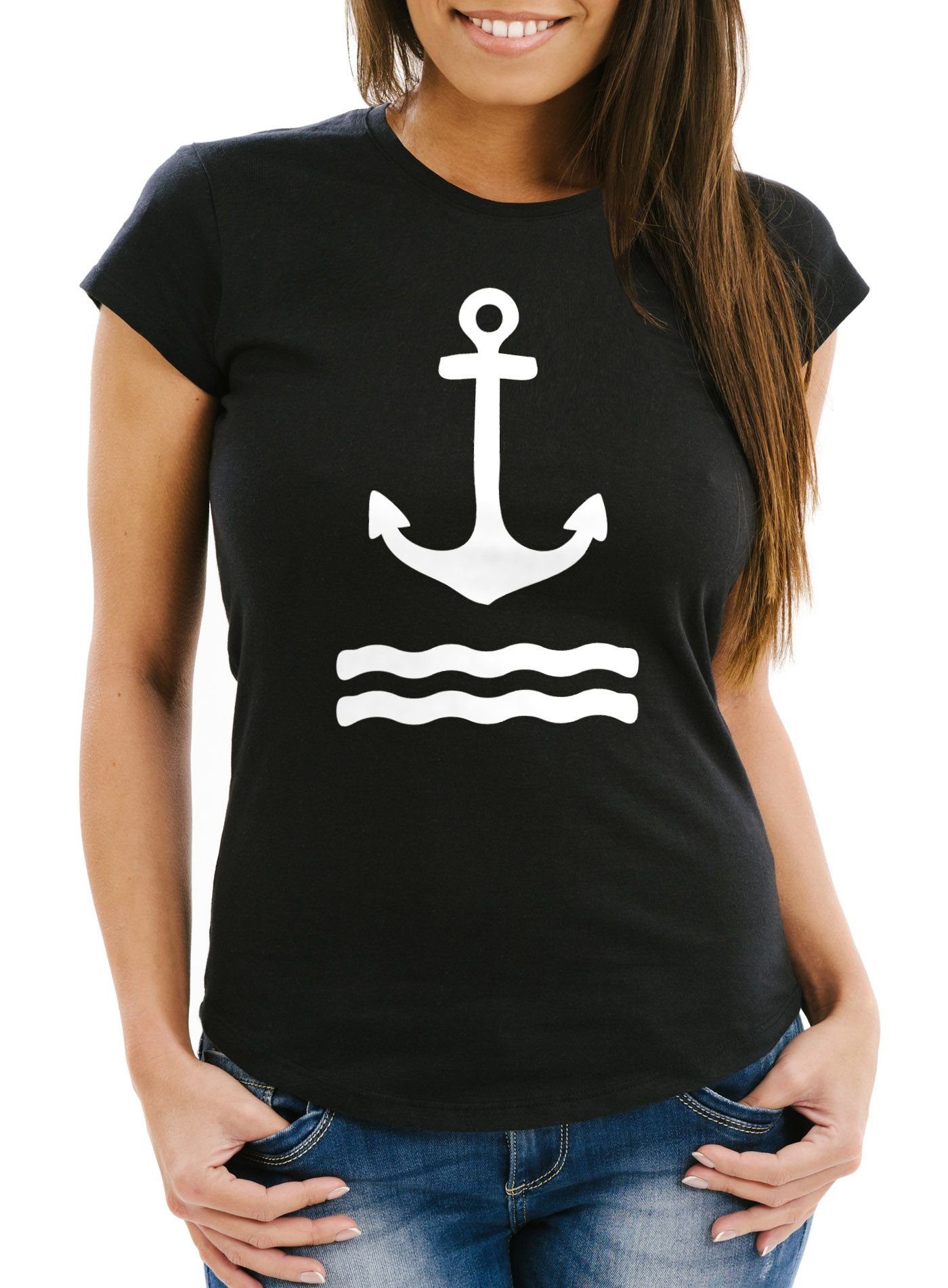 Print-Shirt Damen T-Shirt Anker Wasserwelle Slim Fit