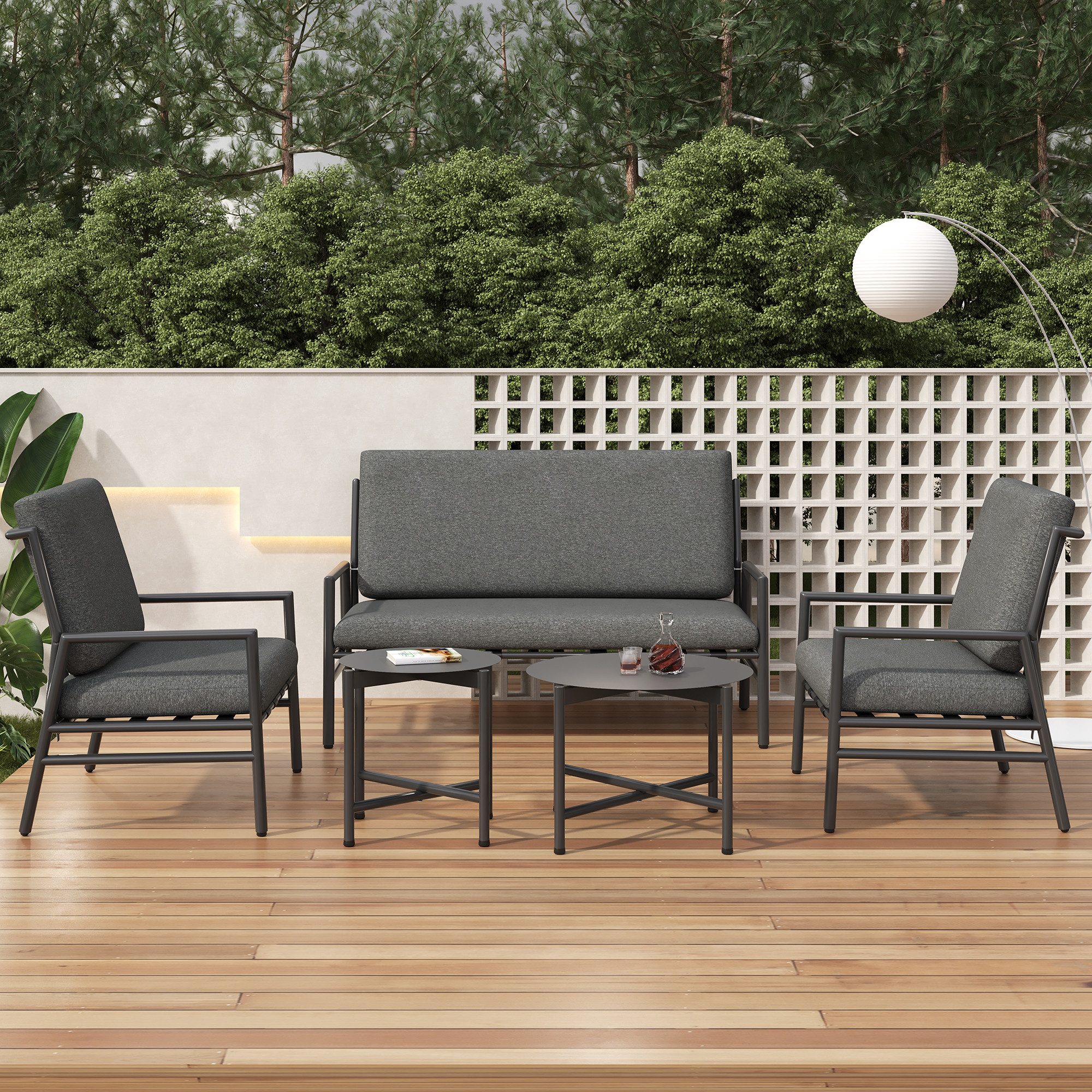 Gartenlounge-Set, (5-tlg., Gartengarnitur mit Kissen, 2-Sitzer-Sofa, 2 Sessel, 2 Tisch), Sitzgarnitur für 4 Personen, Gartenmöbel Set aus Stahl, Loungeset
