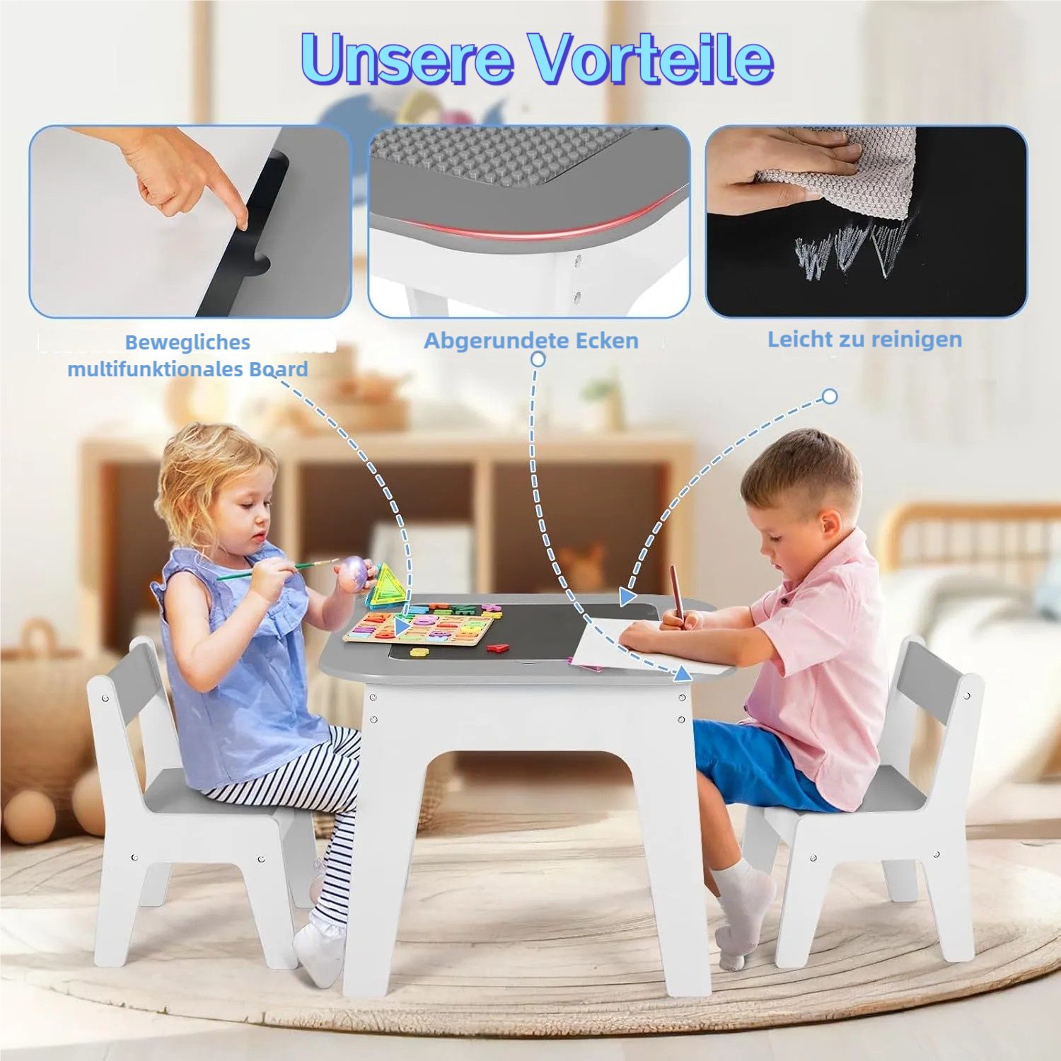 TLGREEN Kindertisch 4-in-1 Multifunktionstisch Set mit 2 Stühlen (Doppelseitenplatte (Maltisch/Bauplatte) und Stauraum, Kindermöbel für Kinderzimmer, Stauraum), – Bild 4 von 5