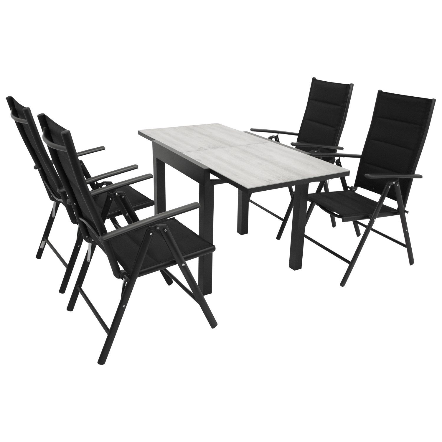 DEGAMO Garten-Essgruppe FARO 5-teilig, 4x Klappsessel, 1x Ausziehtisch 70/140x70cm Keramik, Alu anthrazit