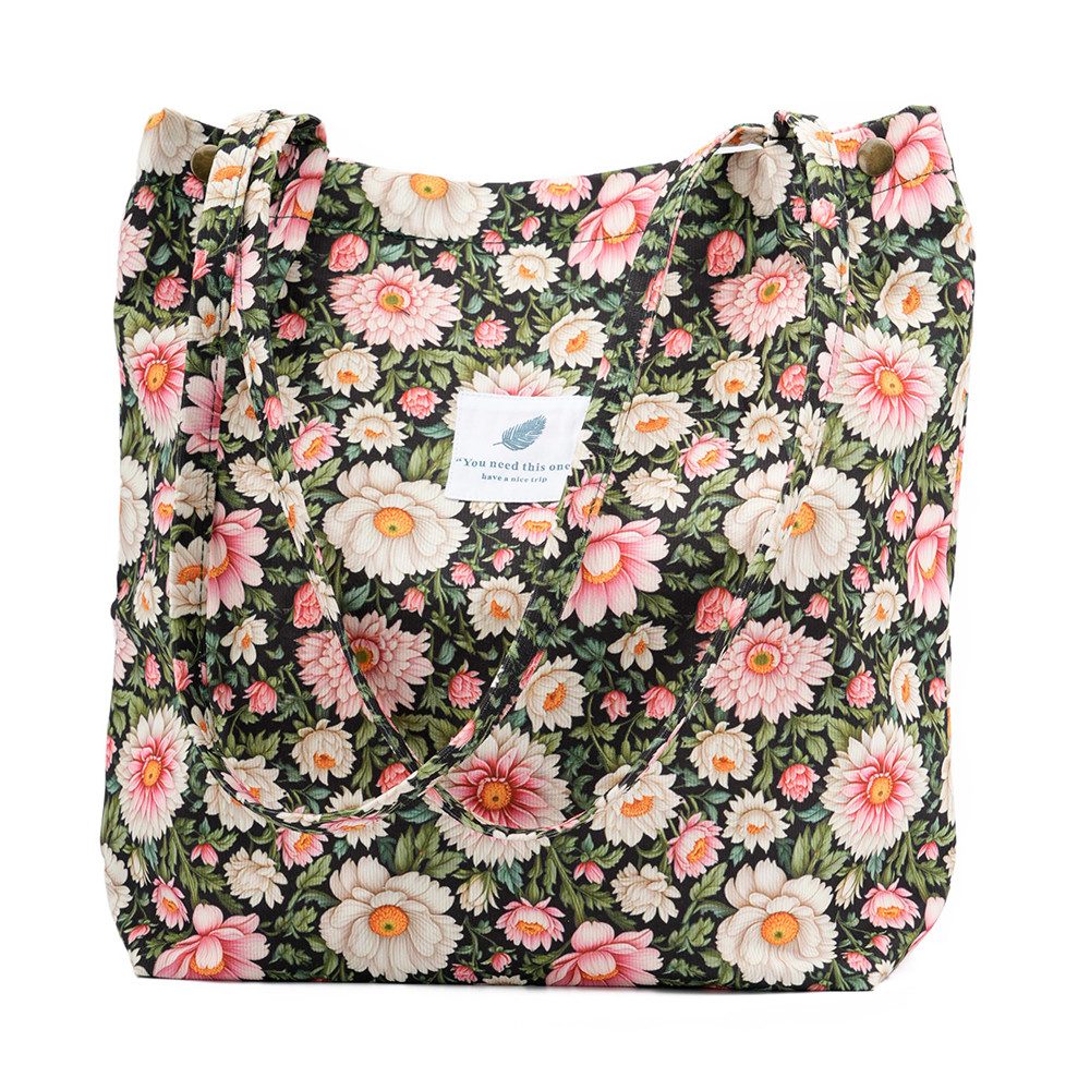 Zaewry Schultertasche Handtasche,Cord Tote, Canvas-Schultertaschen für Damen, Blümchentasche, Crossbody Mode Retro große Tasche, mit Innenfach für Arbeit,Reisen