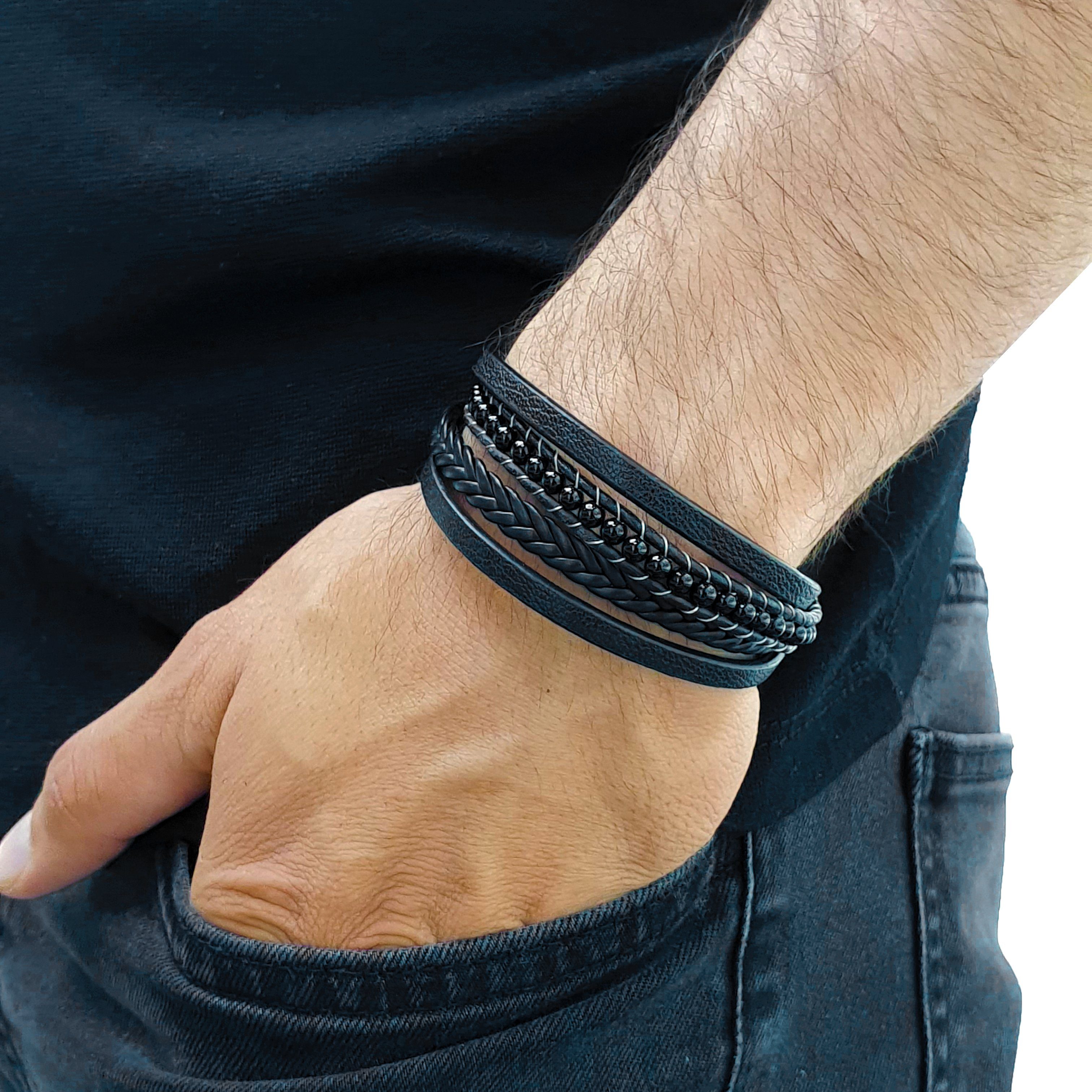 NAHLE Lederarmband ein mit sicheres aus (inklusive mit Leder, Herren Lederarmband für verschließen Magnetverschluss Schmuckbox), Perlen Onyx