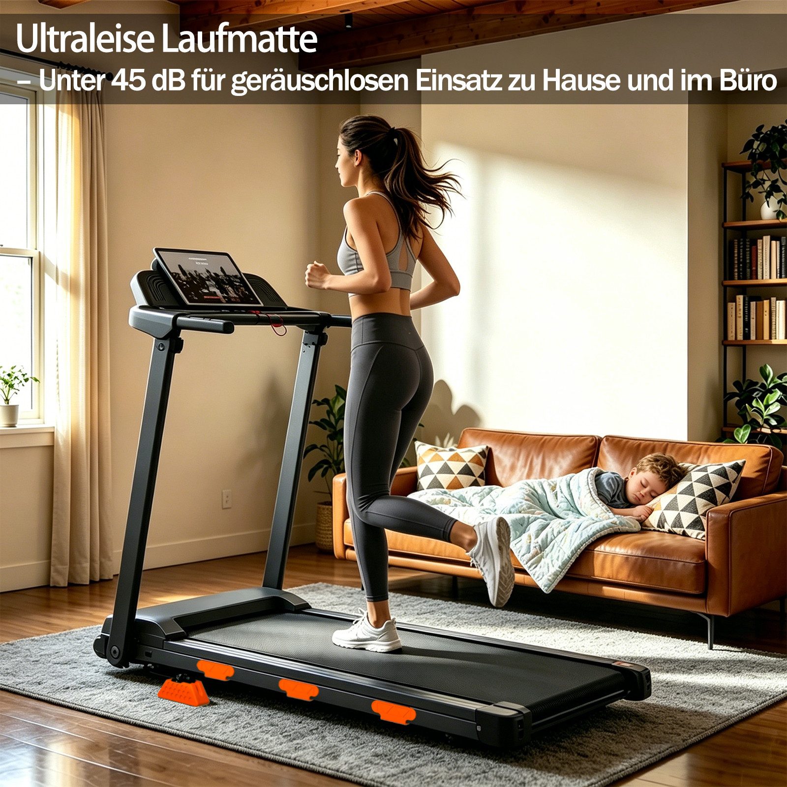 BAYMATE Laufband für Zuhause (Heimlaufband kompakt, 38×95 cm Lauffläche, robust bis 120 kg, Geschwindigkeit bis 12 km/h), mit stufenloser Neigung bis 15%