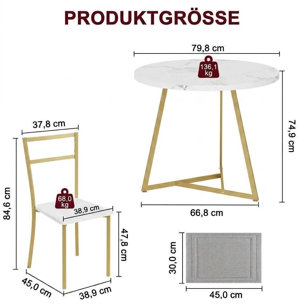 GarveeMore Essgruppe Esstisch mit 2 Stühlen,für Küche & Esszimmer, Runder Esstisch mit 2 Gepolsterter Sitz für kleinen Raum