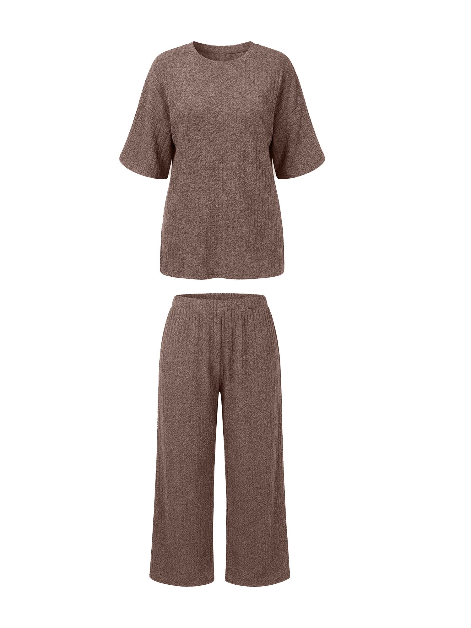 Imily Bela Hausanzug Damen Freizeitanzug 2-teilig in Übergröße (Set, 2 tlg., Rippstrick-Oberteil + Palazzo-Hose) in Unifarbe – Bild 5 von 5