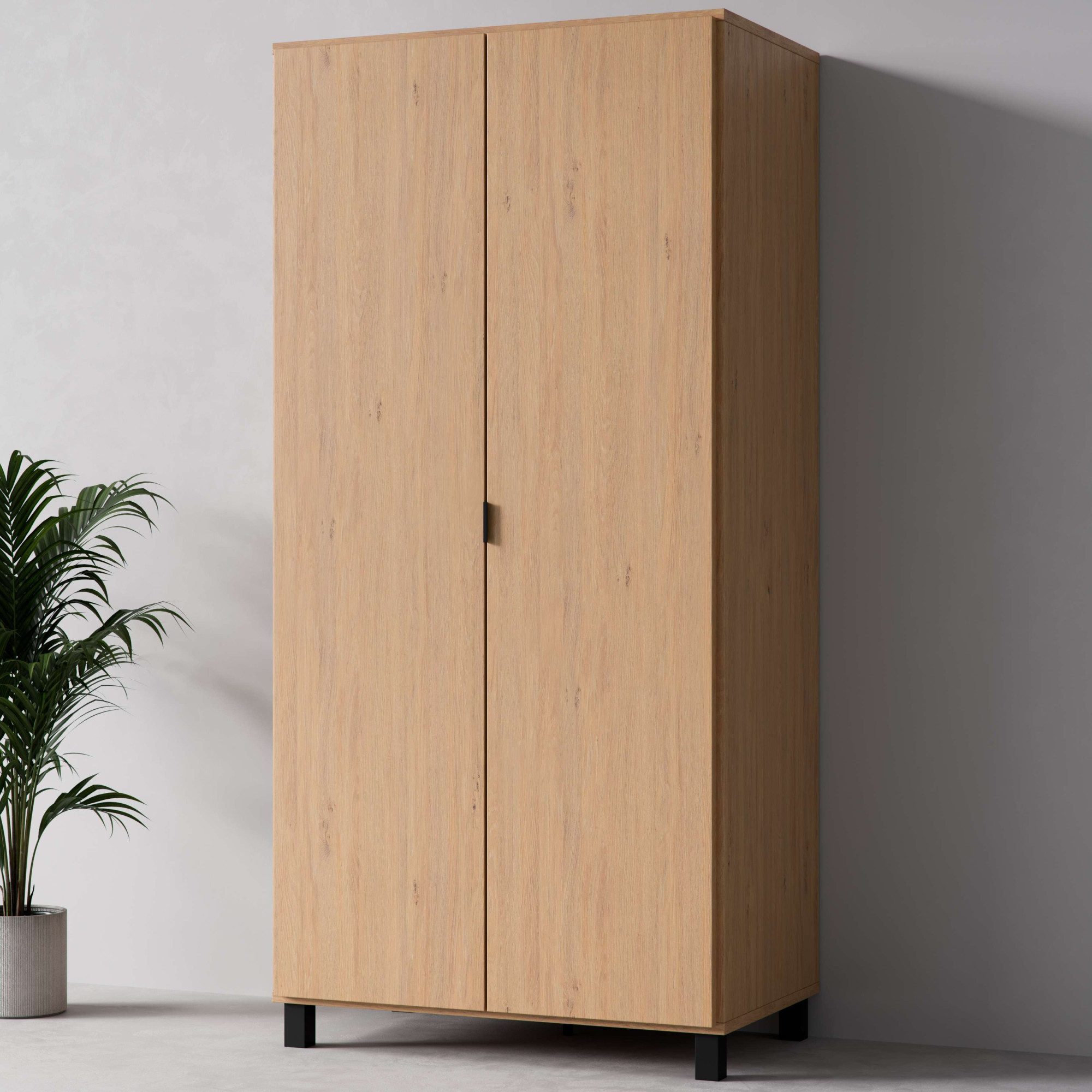 Vox Kleiderschrank SIMPLE, Wäscheschrank mit 5 Einlegeböden und 2 Kleiderstangen (B/H/T ca. 93/186/57cm) mit 2 Drehtüren und schwarzen Griffen, Maße B/T/H: 92,5/57/189,5 cm