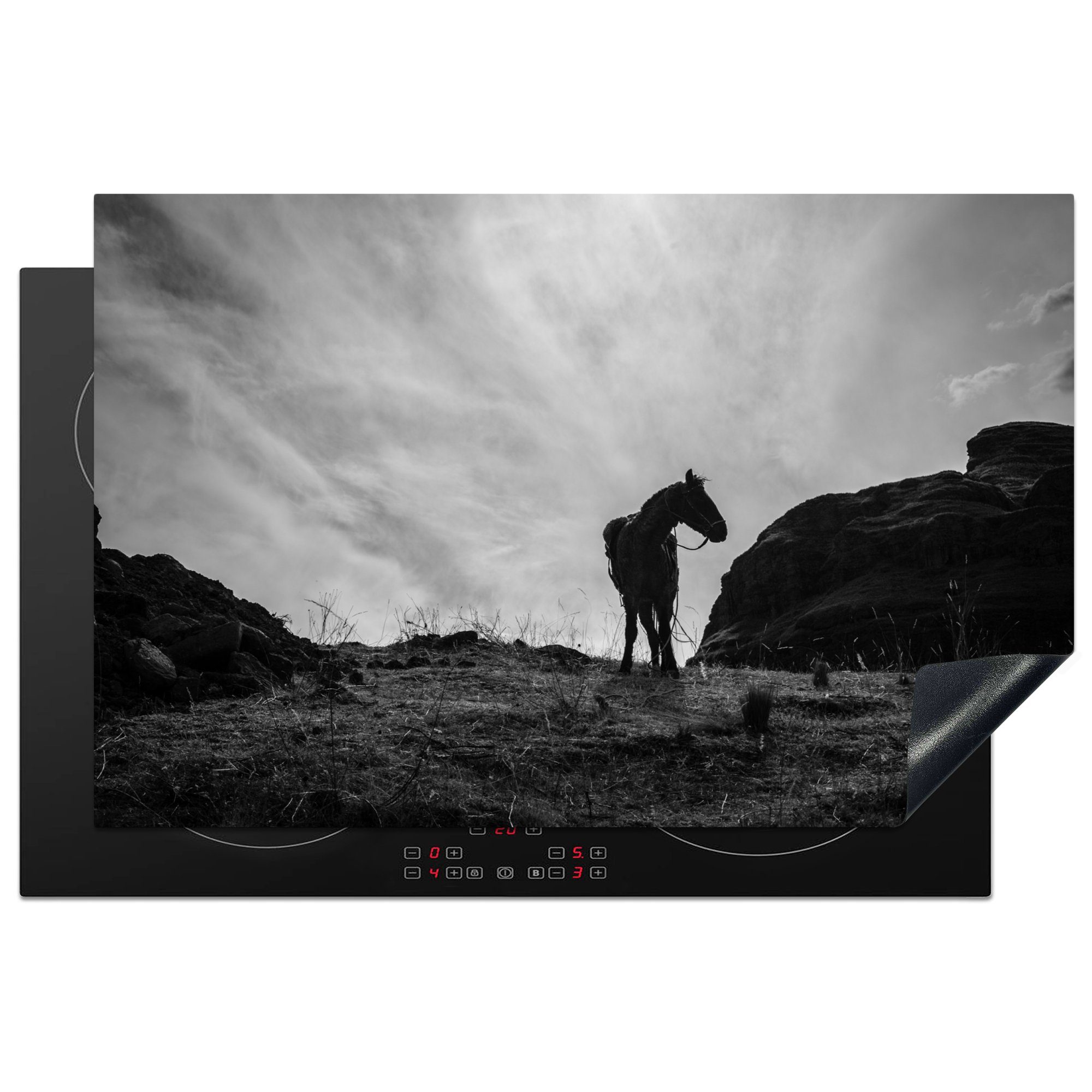 MuchoWow Herdblende-/Abdeckplatte Pferd - Wolken - Wiese, Vinyl, (1 tlg), 81x52 cm, Induktionskochfeld Schutz für die küche, Ceranfeldabdeckung