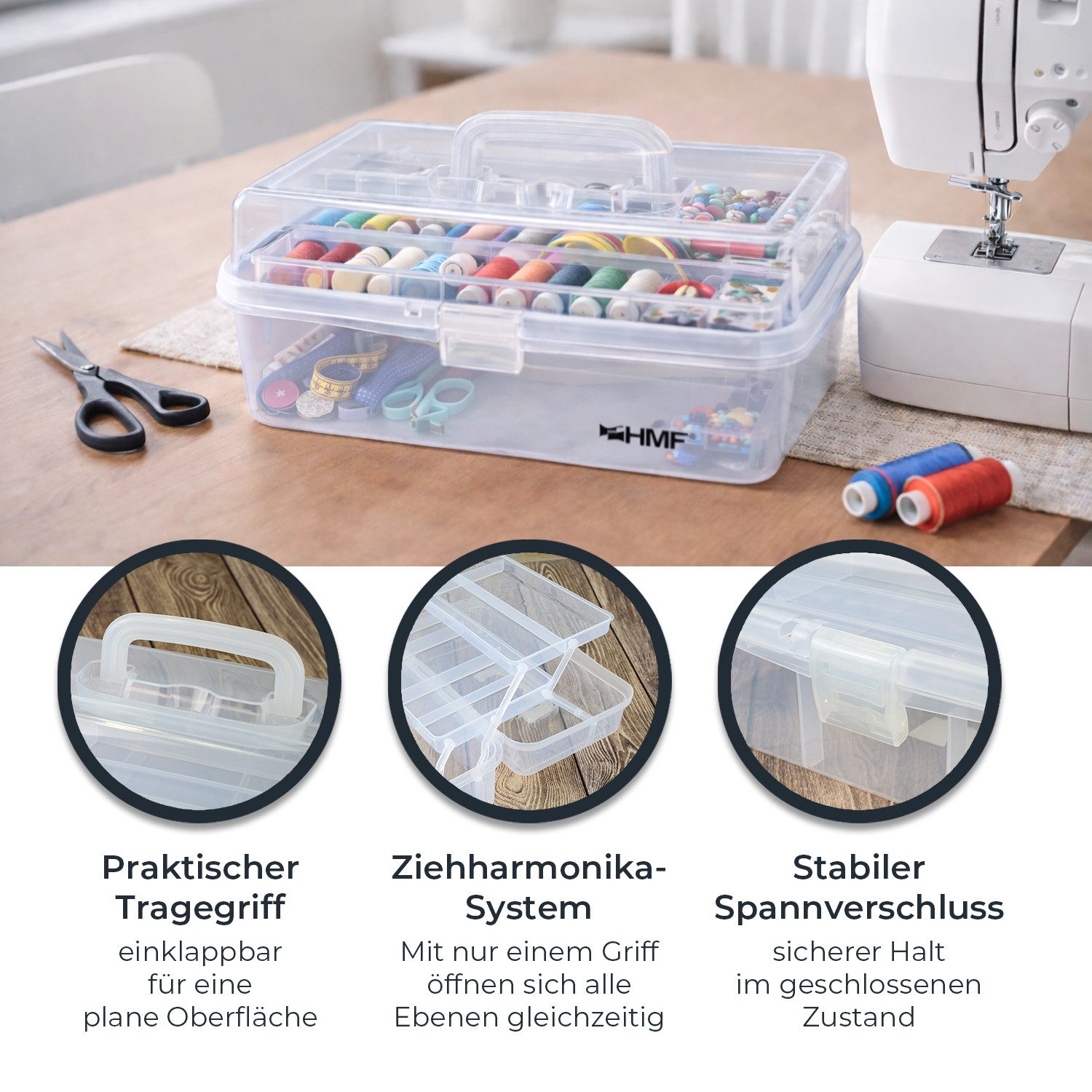 HMF Aufbewahrungsbox Nähkasten aufklappbar mit 3 Ebenen, Sortierbox mit 8 Fächern für, Kleinteile, 33 x 20 x 15 cm, Transparent