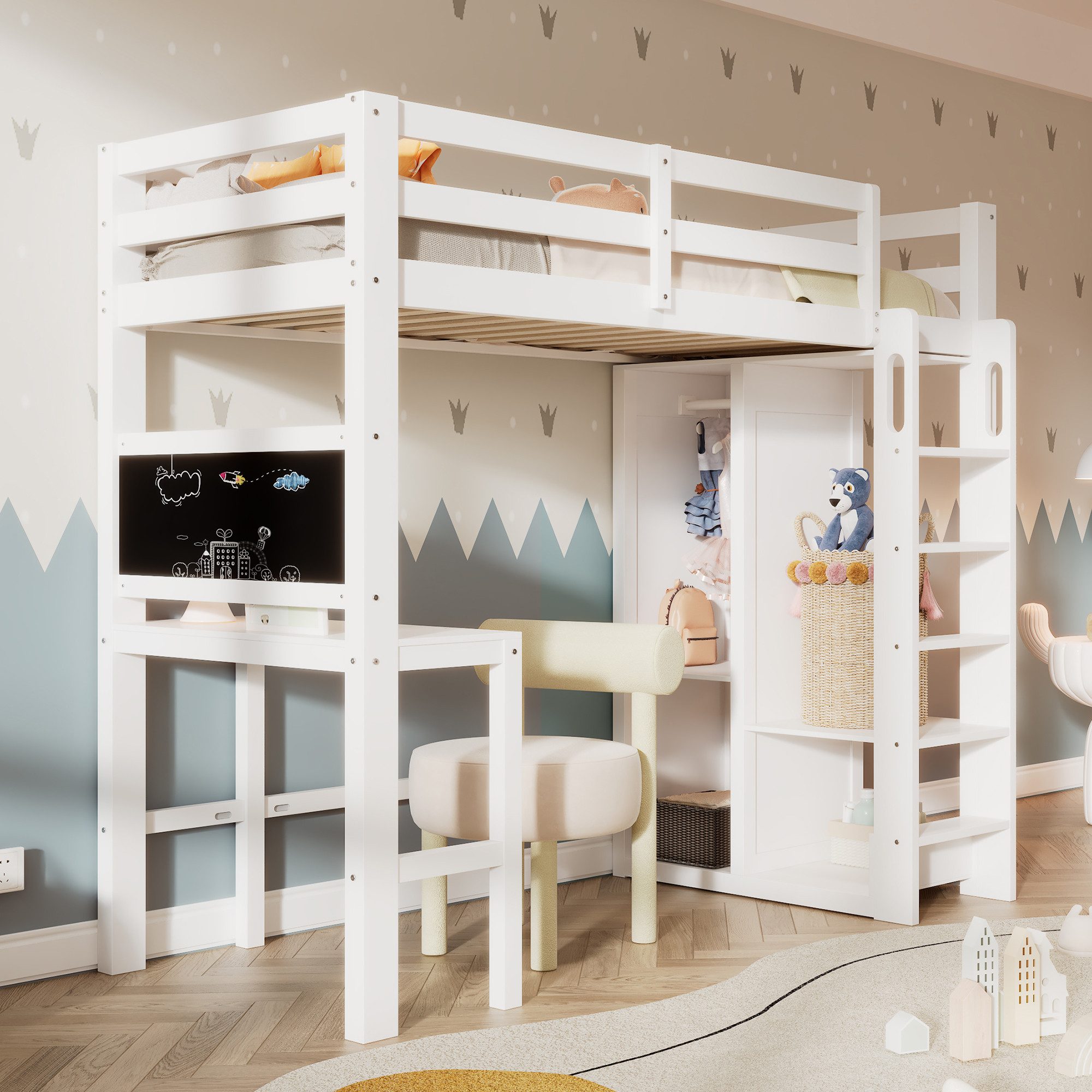 TavilaEcon Hochbett Kinderbett mit Schreibtisch Offener Kleiderschrank und Regalen Einzelbett Liegefläche 90x200 cm -109x206x184cm(BxLxH)-Weiß