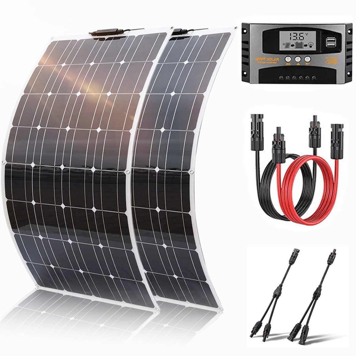 Rhein Beleuchtung Solarmodul 400W Balkonkraftwerk Solarmodul Set – Flexible Solarmodule 12V, 400 W, Monokristallin, (Leicht, biegsam & wetterfest – ideal für Dach, Boot & Camping), 2×200W PV-Module mit 40A Regler, Y-Stecker & Kabel – Plug & Play