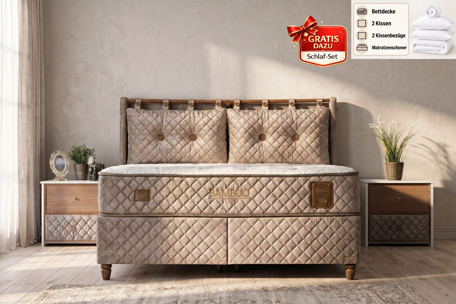 BAMBI YATAK Boxspringbett mit Bettkasten, Bambi Bamboo Sleep, Schlafzimmerbett, Nachttisch (140x200 cm, Stauraum, Bett mit Matratze, 1 x Matratze, 2 x Bettkasten, 1 x Bettkopfteil), Hyper-Schaum, Bambus-Strickstoff, Taschenfederkern, Matratzenhöhe:29cm