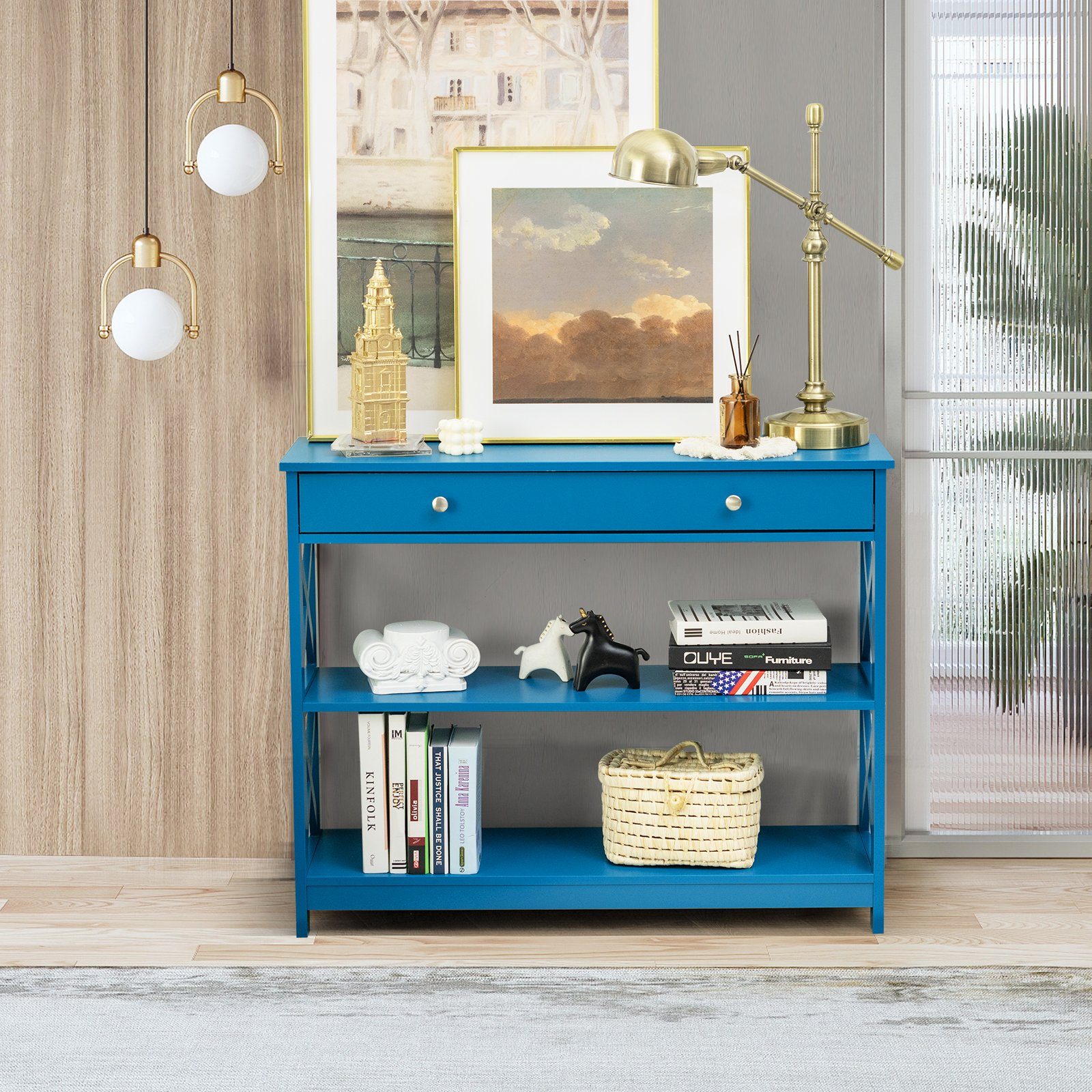 Konsolentisch, Holz, 30 Ebenen x mit 80 cm 100 Blau COSTWAY 3 x Schublade,