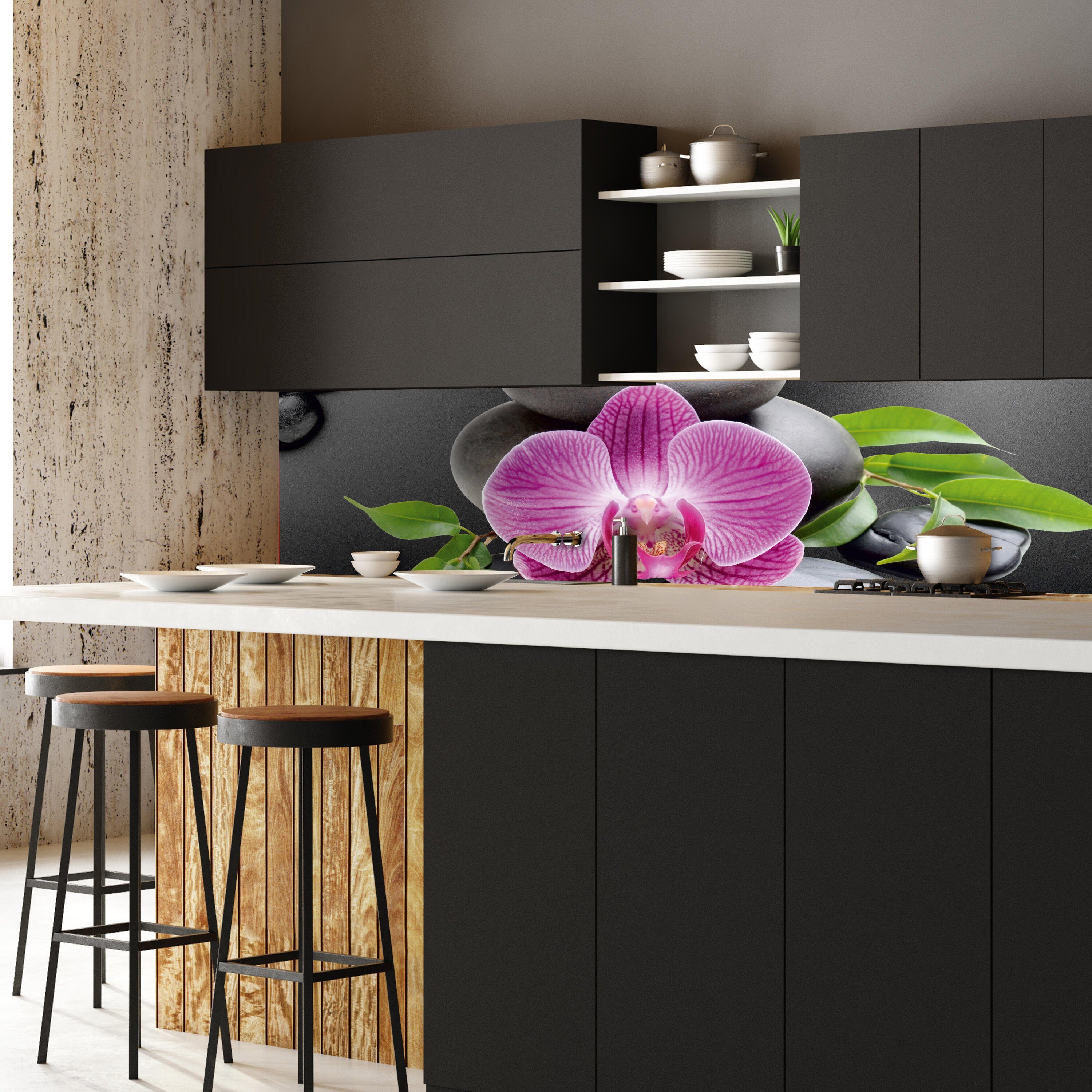 wandmotiv24 Küchenrückwand Bambus Schwarz Größen Nischenrückwand Hartschaum in Premium (1-tlg), versch. Orchidee Magenta, Steine