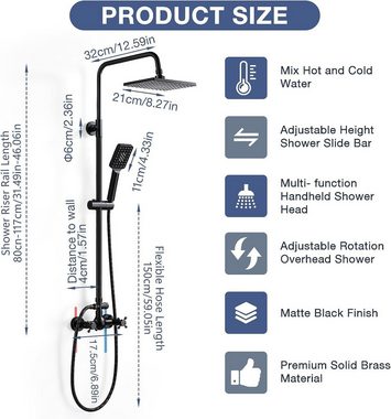 AIMOYO Duschsystem Eckige Regenduschkopf und Verstellbare Duschstange 80–117 cm, mit Regendusche, 3 in 1 Duscharmatur Komplettset, Duscharmaturen Set