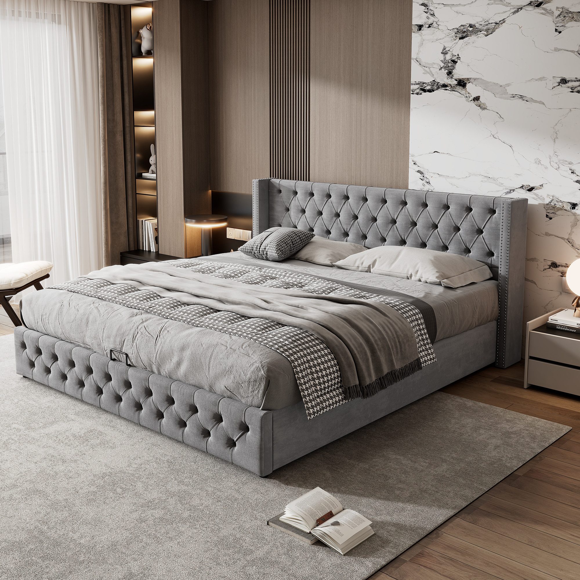 OKWISH Polsterbett Doppelbett Stauraumbett (Bettunterseite ist mit schmutzabweisenden schwarzen Vliesstoff, Grau, Bettunterseite ist mit schmutzabweisenden schwarzen Vliesstoff, Grau), 140x200cm Ohne-Matratze