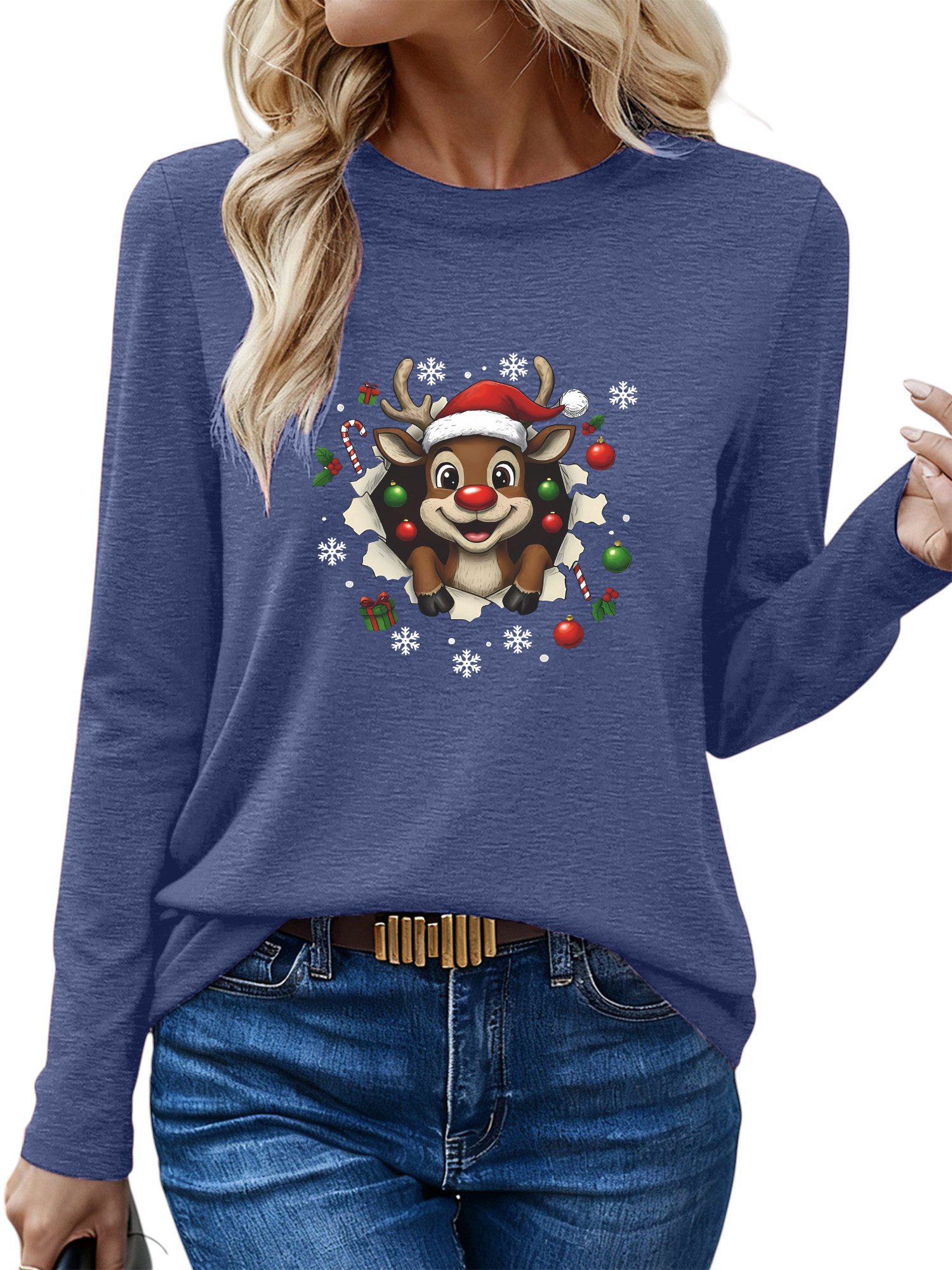PYLIKE Langarmshirt Shirts Damen Weihnachten Elch Ausgefallene bequemes Lan günstig online kaufen