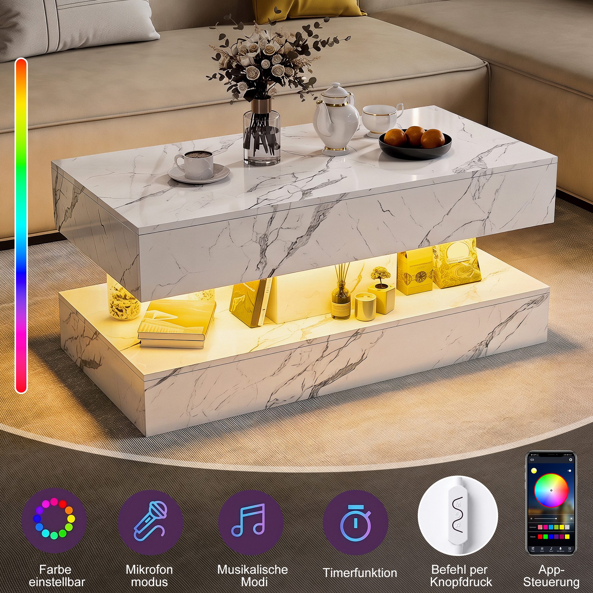 BELUPAI Couchtisch Wohnzimmertisch Hochglanz Tischplatte in Marmoroptik mit LED (Beistelltisch mit LED-Beleuchtung, Kaffeetisch mit 2 versteckten Schubladen), Sofatisch für Wohnzimmer, Schlafzimmer, Büro,Weiß