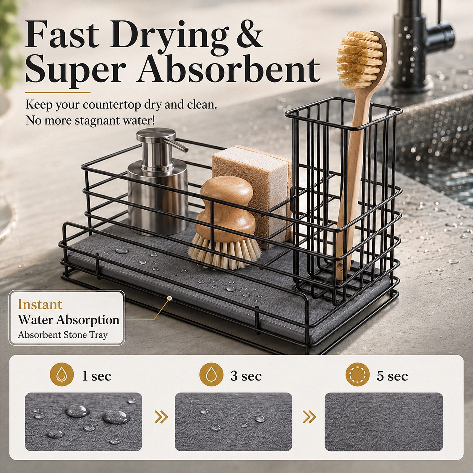 BlingBin Küchenorganizer-Set Spülbecken Organizer Küche mit Schnelltrocknender Diatomit Platte, (1er Set, 1-tlg., Maße: 23 × 11 × 10 cm), Caddy Schwammhalter mit Bürstenhalter für Spülmittel, Küchenutensilien