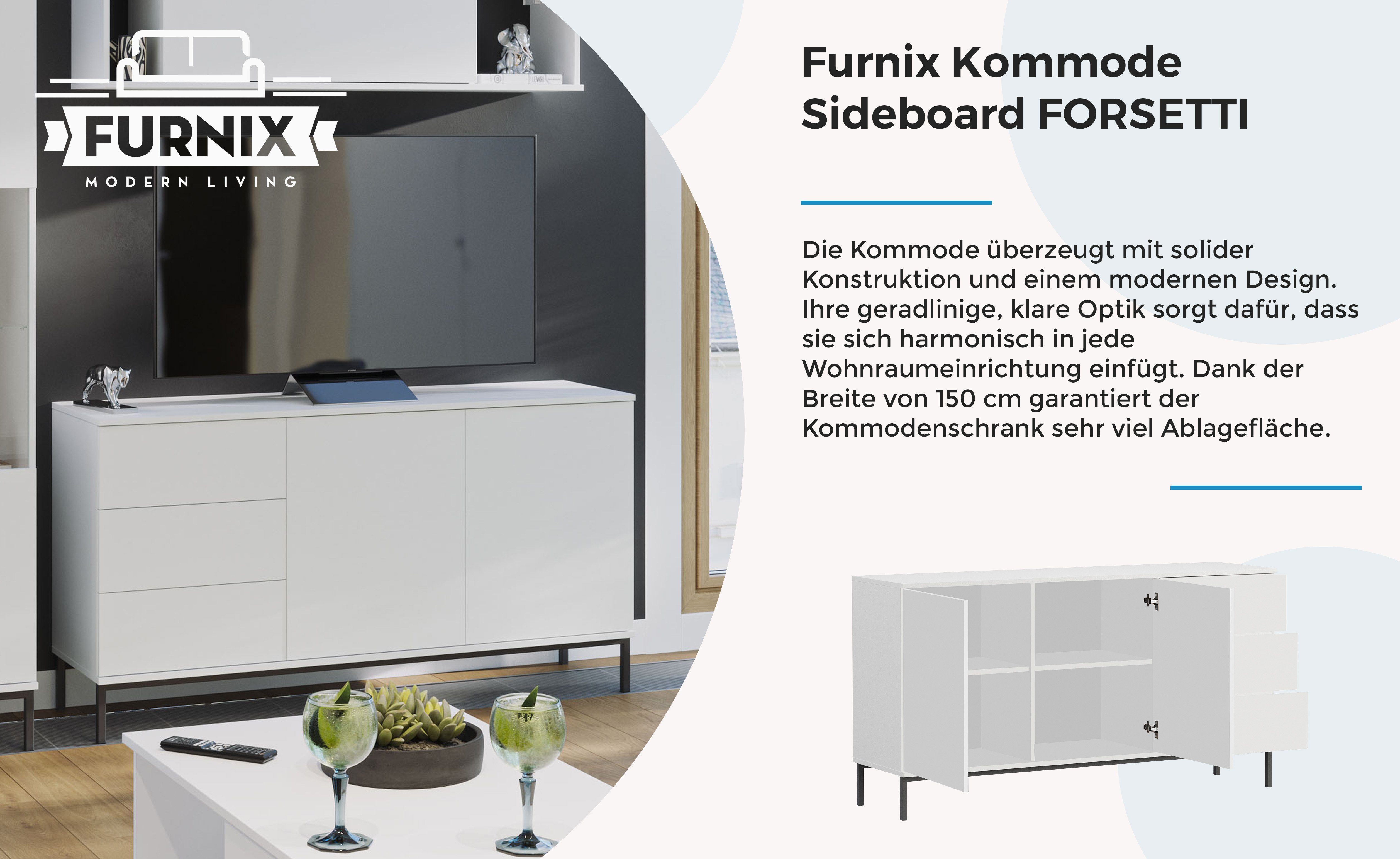 Furnix Kommode Sideboard B150 Schubladen x Weiß H80 x FORSETTI 3 cm Türen, 2 T41 matt Abmessungen: K2D3SZ Wohnzimmerkommode