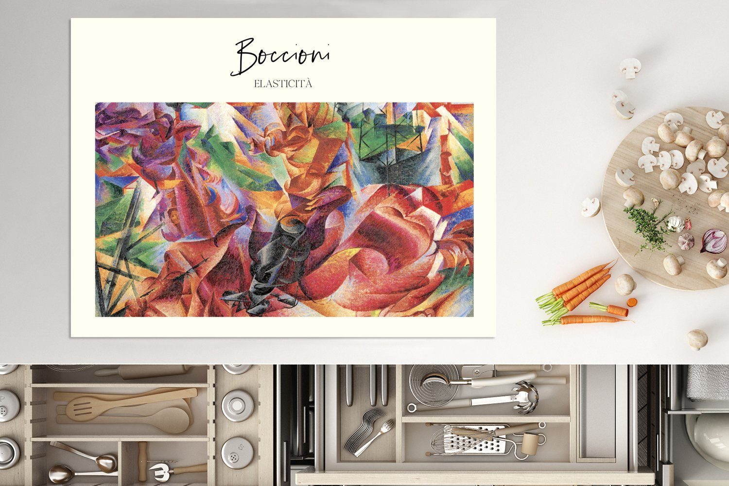 Meister Boccioni, MuchoWow (1 cm, - tlg), Ceranfeldabdeckung Mobile Arbeitsfläche Herdblende-/Abdeckplatte nutzbar, Vinyl, 70x52 Alte - Abstrakt
