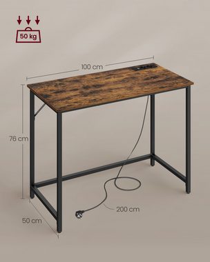 VASAGLE Schreibtisch, Gaming-Tisch mit LED-Beleuchtung, Steckdosenleiste, 50 x 100 x 76 cm