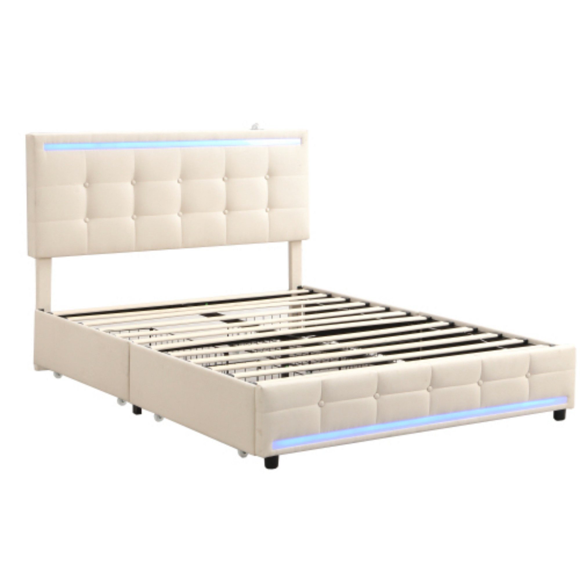 Polsterbett Doppelbett 4 Schubladen PU-Leder 16-LED Stauraum Beige/Grau 140x200cm