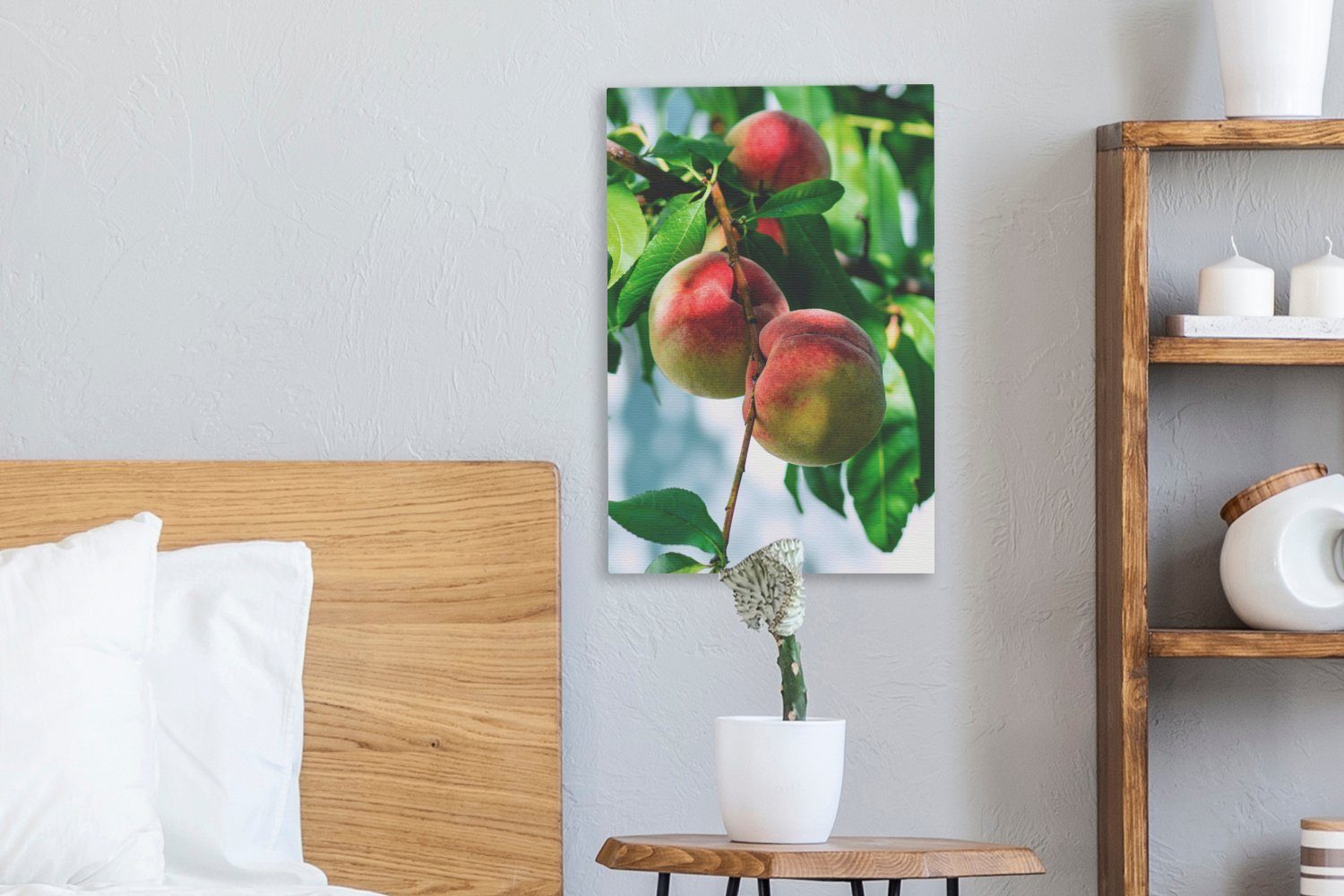 OneMillionCanvasses® Leinwandbild Pfirsiche auf einem (1 cm fertig Zweig, 20x30 inkl. Leinwandbild bespannt St), Zackenaufhänger, Gemälde