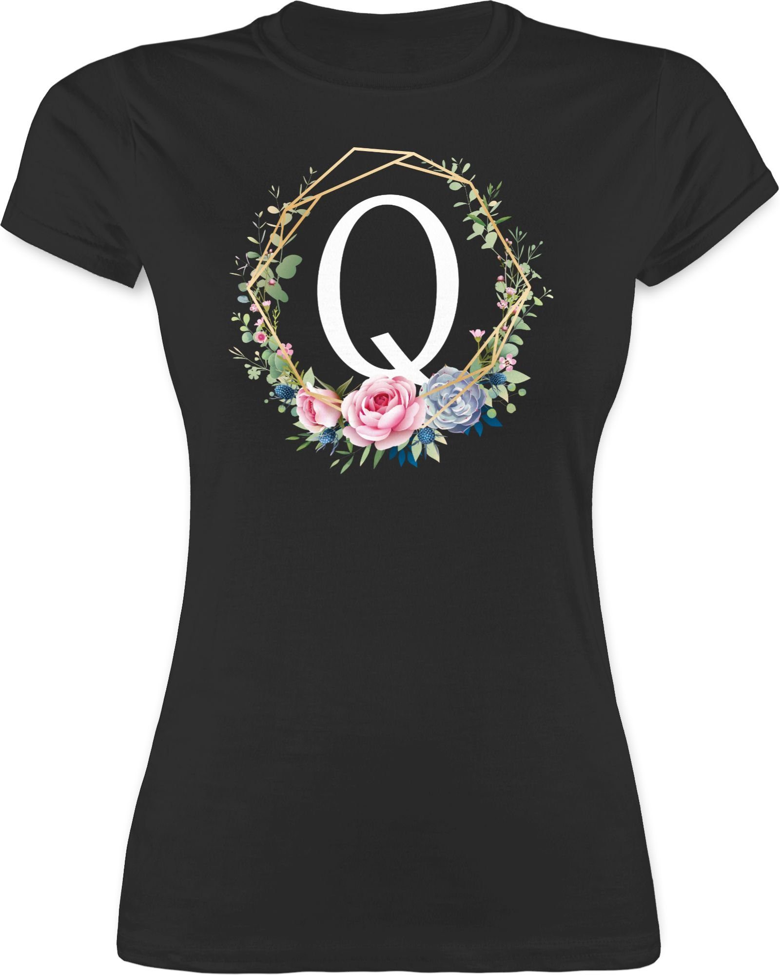 Damen Shirts Shirtracer T-Shirt Blumenkranz mit Buchstabe Q - Buchstaben Initialen Geschenk - Damen Premium T-Shirt (1-tlg) Mono