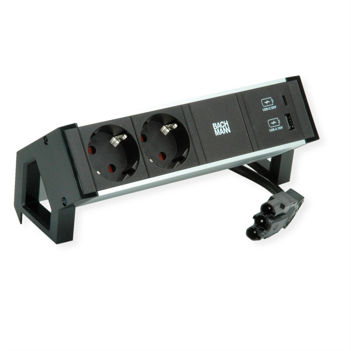 Bachmann DESK2 ALU BLACK 2xSchutzkt.USB Steckdosenleiste (Kabellänge 0.2 m), USB Charger 22W A&C 0,2m GST18, 937.301
