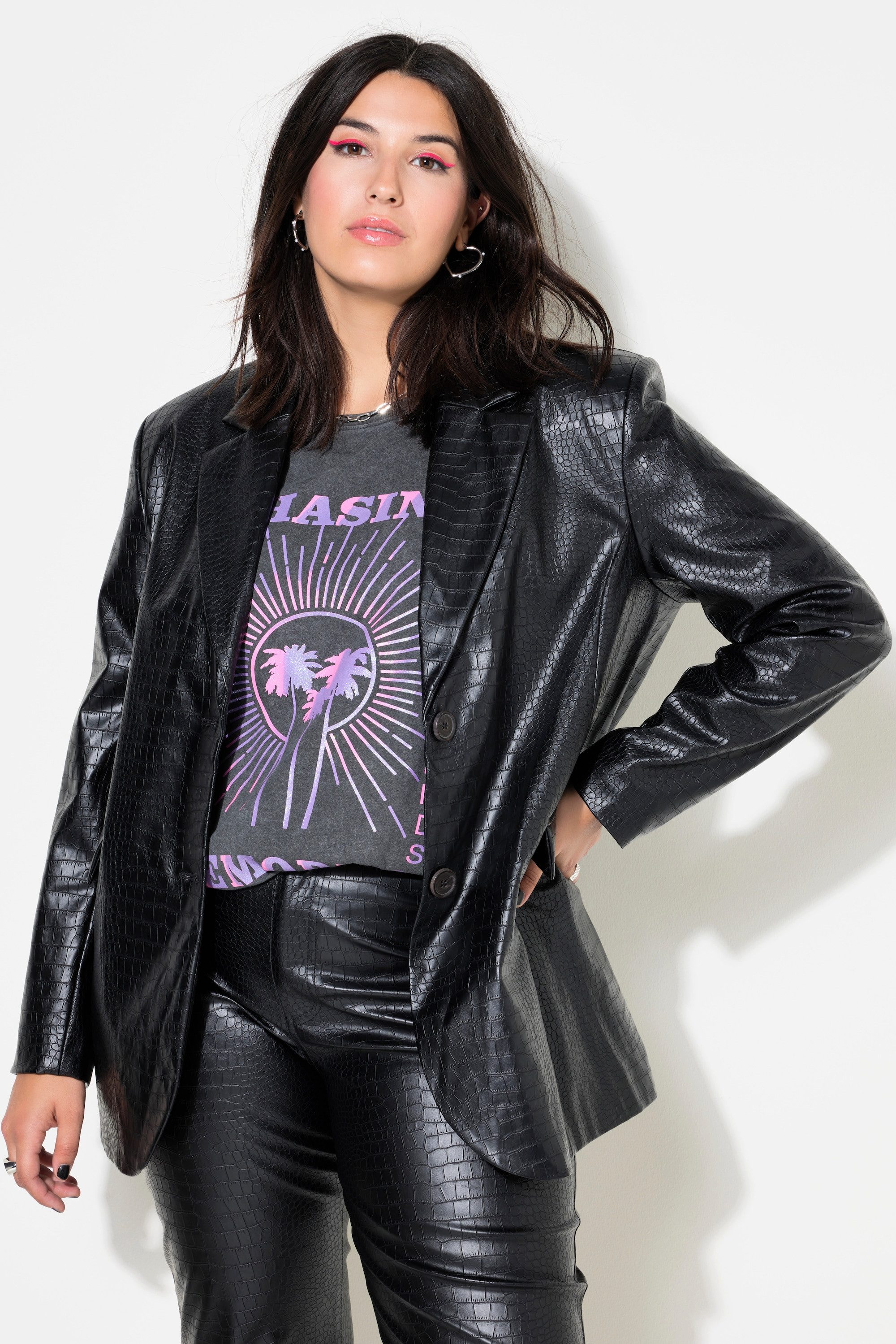 Blusenblazer Blazer Wide Shape Lederoptik Krokoprint Revers