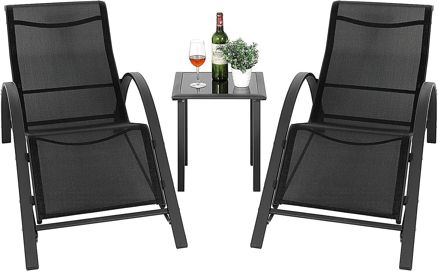 TLGREEN Gartenliege Terrassen-Loungesessel-Set, 2 Liegestühlen mit Tisch, Aluminiumgestell,Schwarz