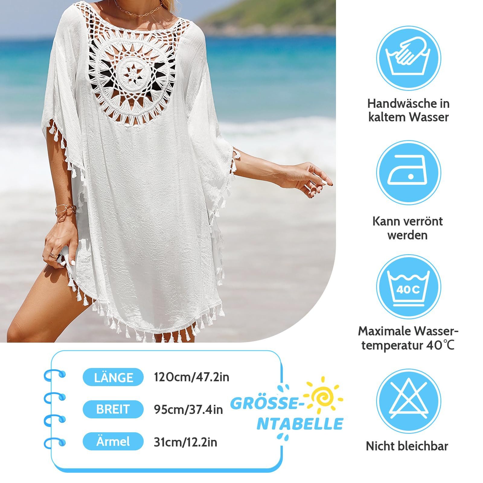 MOPUEA Strandkleid Damen-Badeanzug Strand-Badeanzug Bikini-Vertuschung Urlaubs-Outfits (1-tlg) Luftige Strandtunika mit Häkelspitze und Fransen – Einheitsgröße