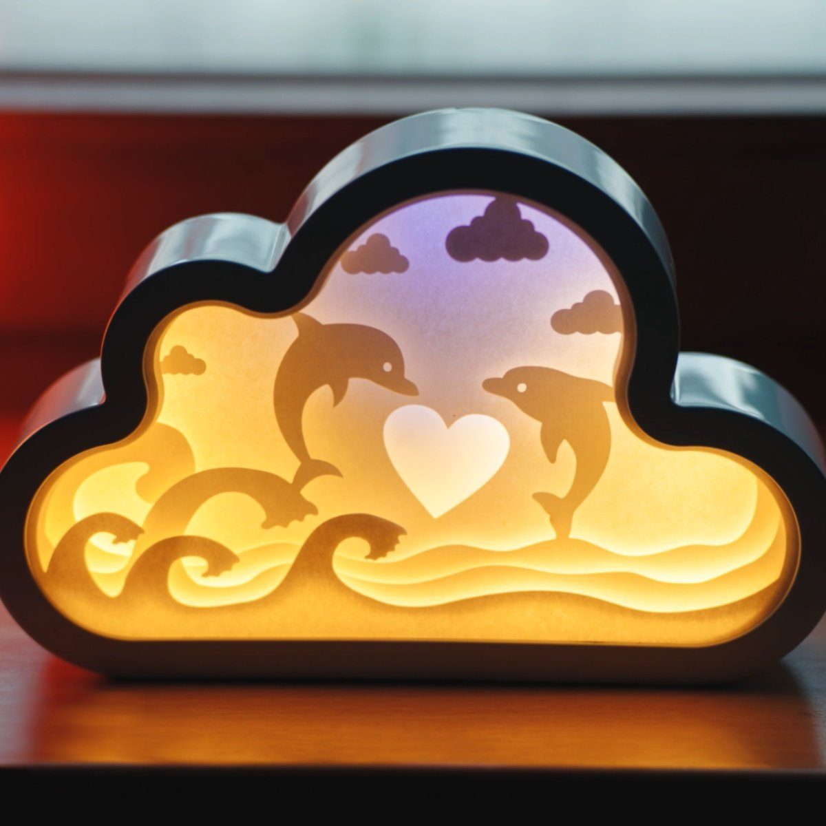 CiM LED Lichtbox 3D Papercut CLOUD - Dolphins, LED fest integriert, Warmweiß, 20x4x13cm, Shadowbox, Wohnaccessoire, Nachtlicht, kabellose Dekoration