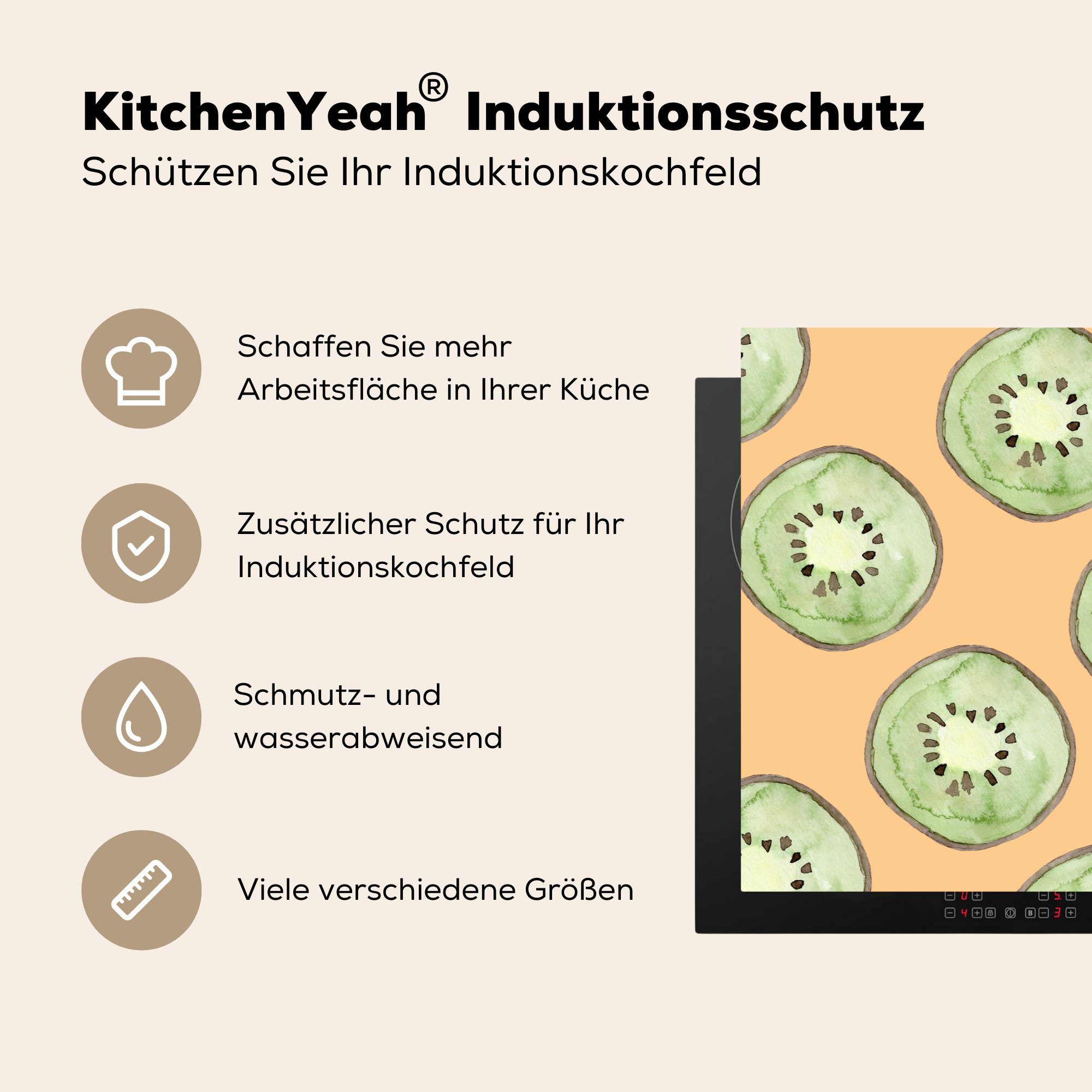 MuchoWow (1 die Induktionskochfeld Herdblende-/Abdeckplatte - - Vinyl, tlg), Ceranfeldabdeckung Muster, für cm, Obst küche, Schutz 81x52 Kiwis