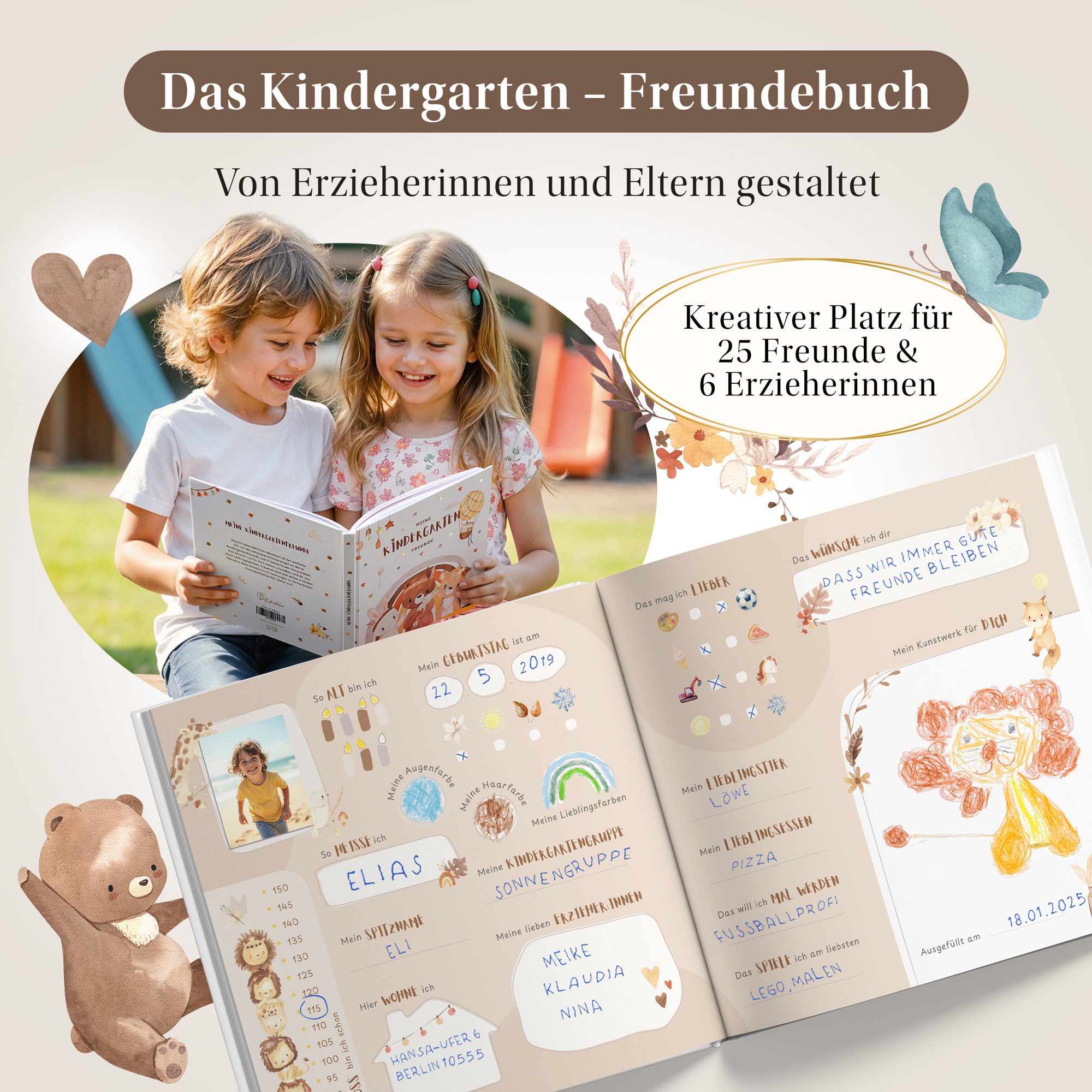 Eulentaler Freundebuch Kindergarten Tierwelt I Von Erzieherinnen gestaltet I, Handgemalte Tiere im Boho-Look I Kinderfreundliche Gestaltung