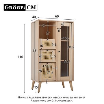 IDEASY Fächerschrank Rattan-Sideboard, Aufbewahrungsschrank, Vitrine, Acryltür, (höhenverstellbar, 60*40*110 cm) geeignet für Wohnzimmer, Schlafzimmer, Wohnzimmer, Bar