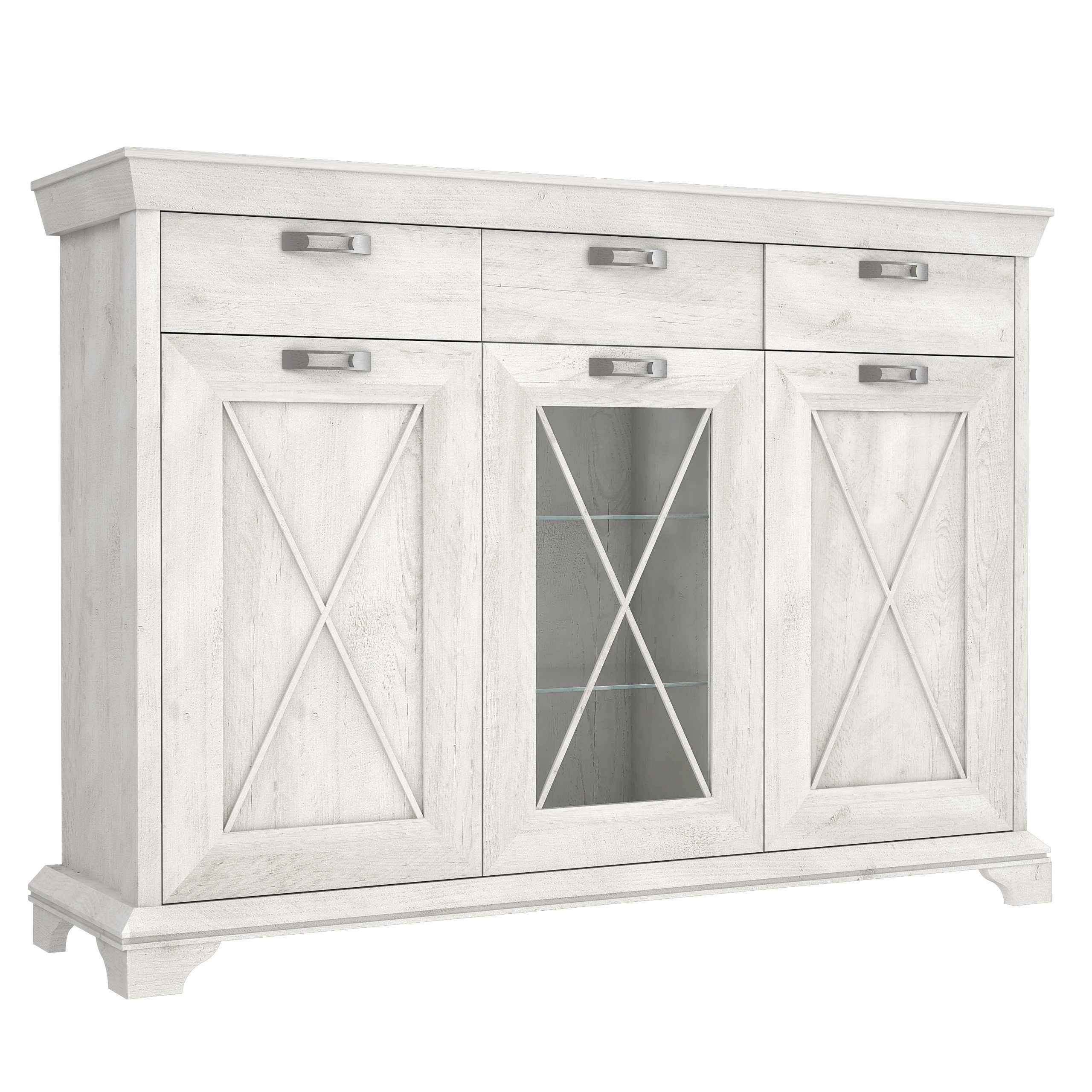 Newroom Vitrine Lucy Vitrine Pinie Weiß Modern Landhaus Vitrinenschrank Glasvitrine