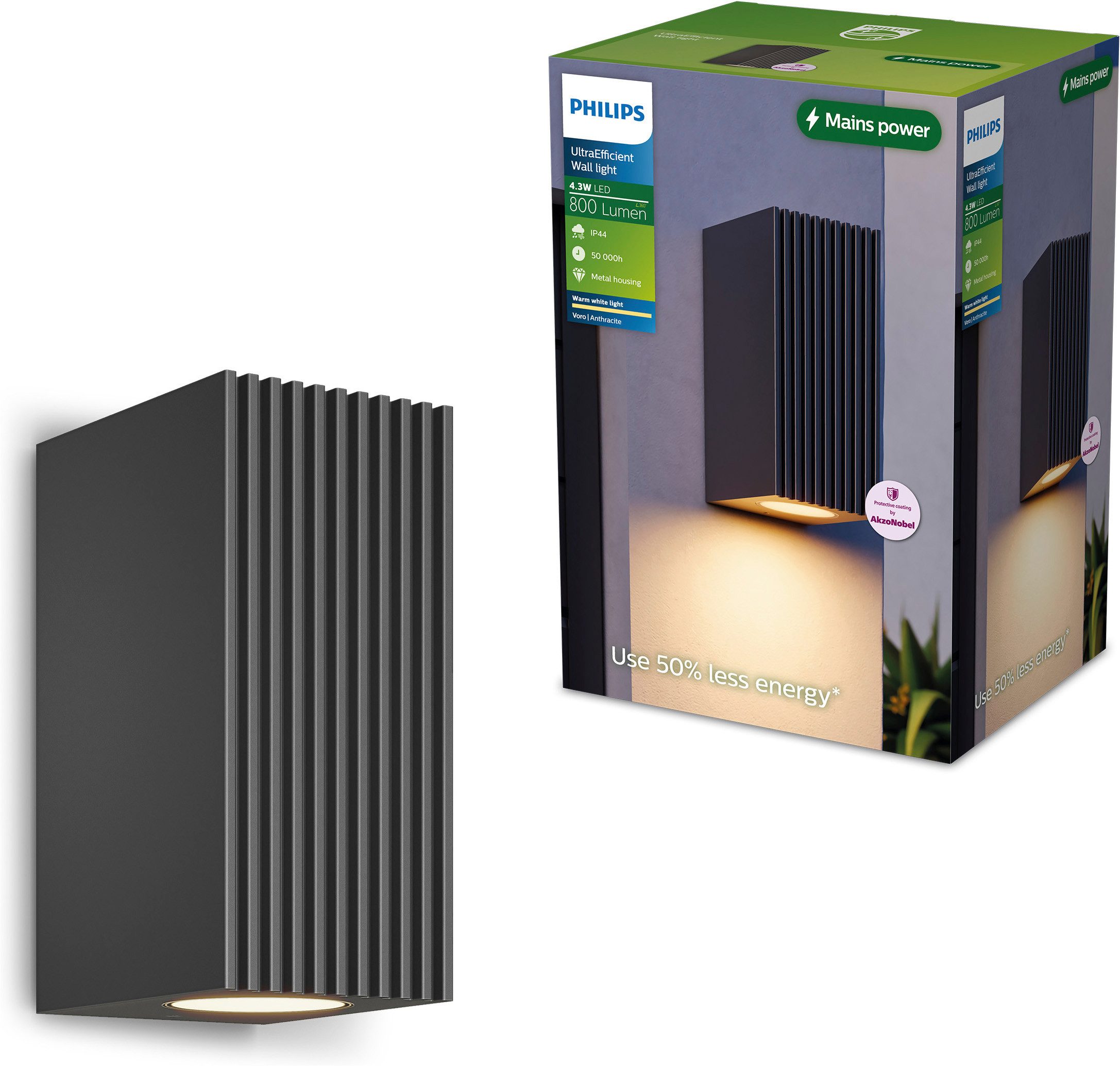 Philips Außen-Wandleuchte Voro ultraeffiziente LED Outdoor Leuchte, anthrazit, LED fest integriert, Warmweiß, 800 lm, 2700 K Warmweiß, IP44, PowerShield-Beschichtung