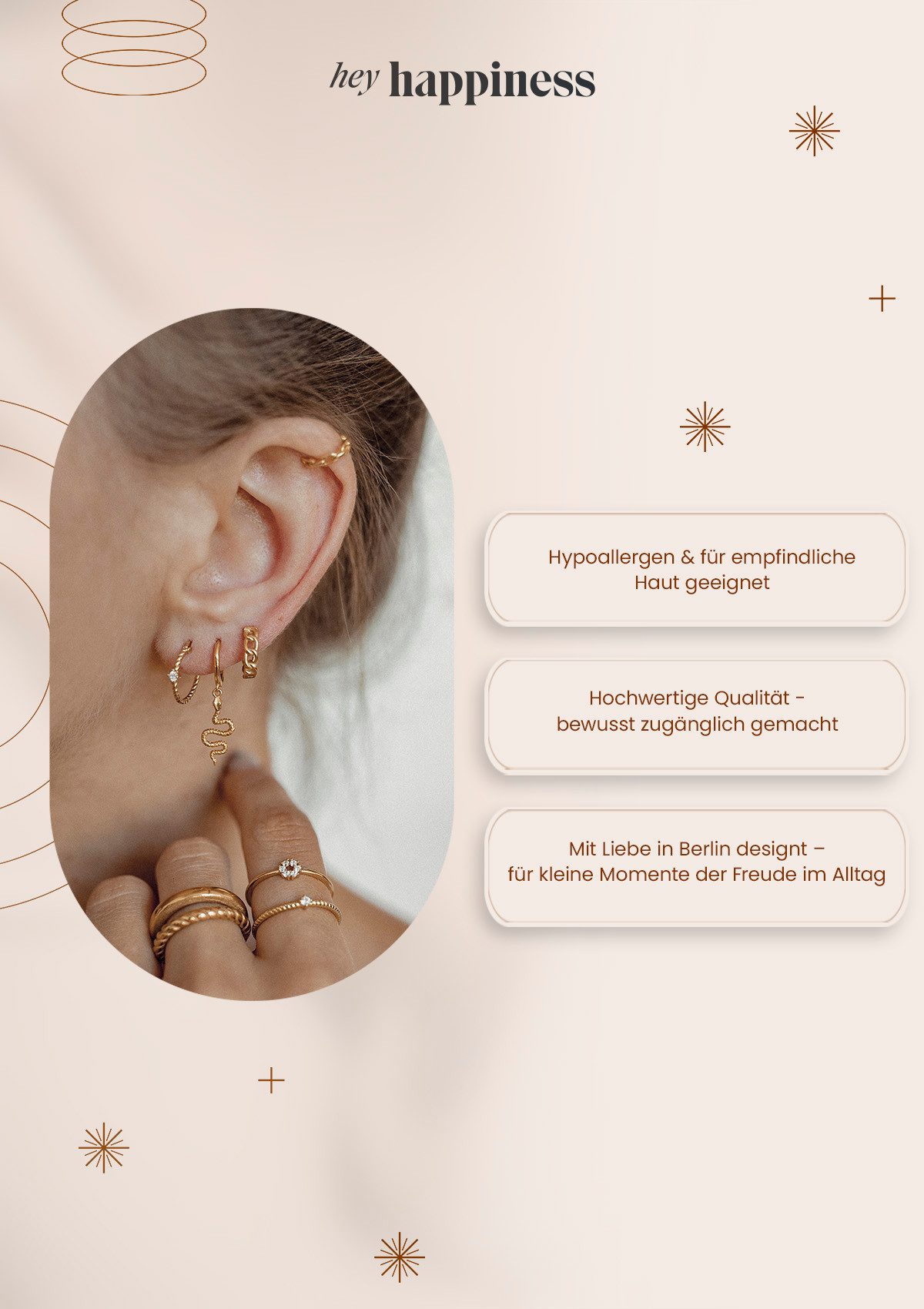Hey Happiness Paar Creolen Silber Glieder, 18K Roségold vergoldet, Kleine Damen Ohrringe Silber 925 verflochten – Bild 5 von 5
