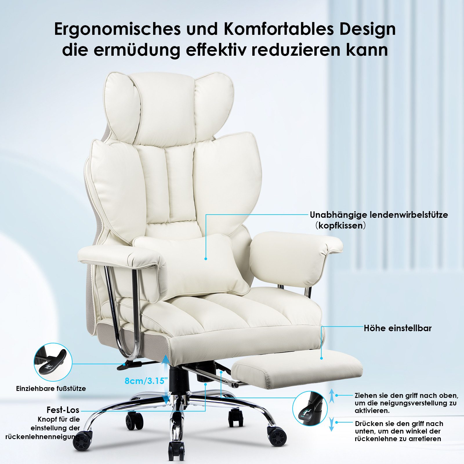 Rattantree Bürostuhl mit Fußstütze - Ergonomischer Schreibtischstuhl, mit Zusätzlichem Lordosenstützkissen - bis 150 kg Belastbarkeit – Bild 3 von 5