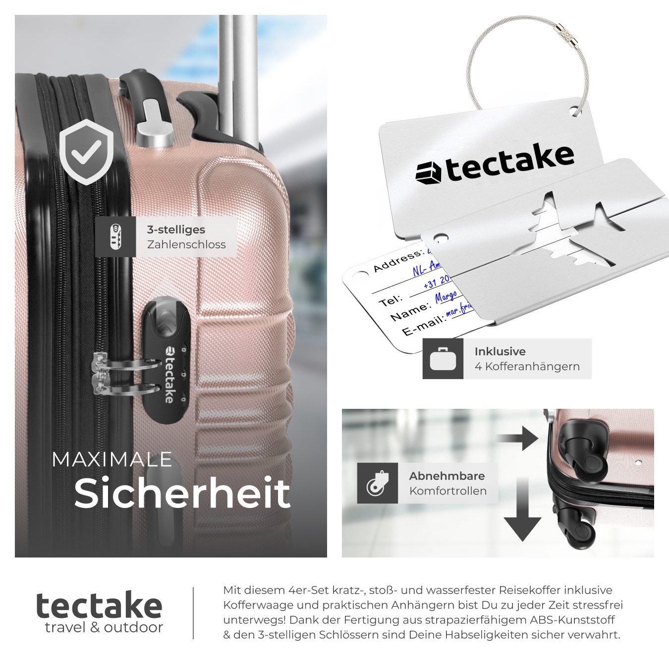 tectake Trolley Hartschalenkoffer-Set, 4 Rollen, 4-teilig aus robustem ABS-Kunststoff inkl. Kofferwaage und -anhänger