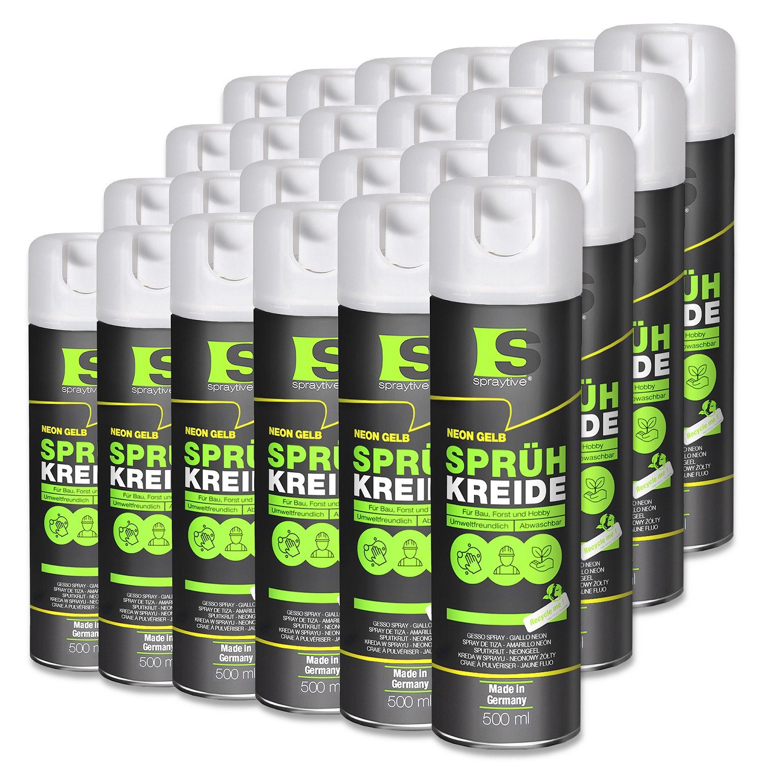 Spraytive Sprühfarbe 24x 500ml Sprühkreide neon-gelb – abwaschbare leuchtende Kreidefarbe, Made in Germany