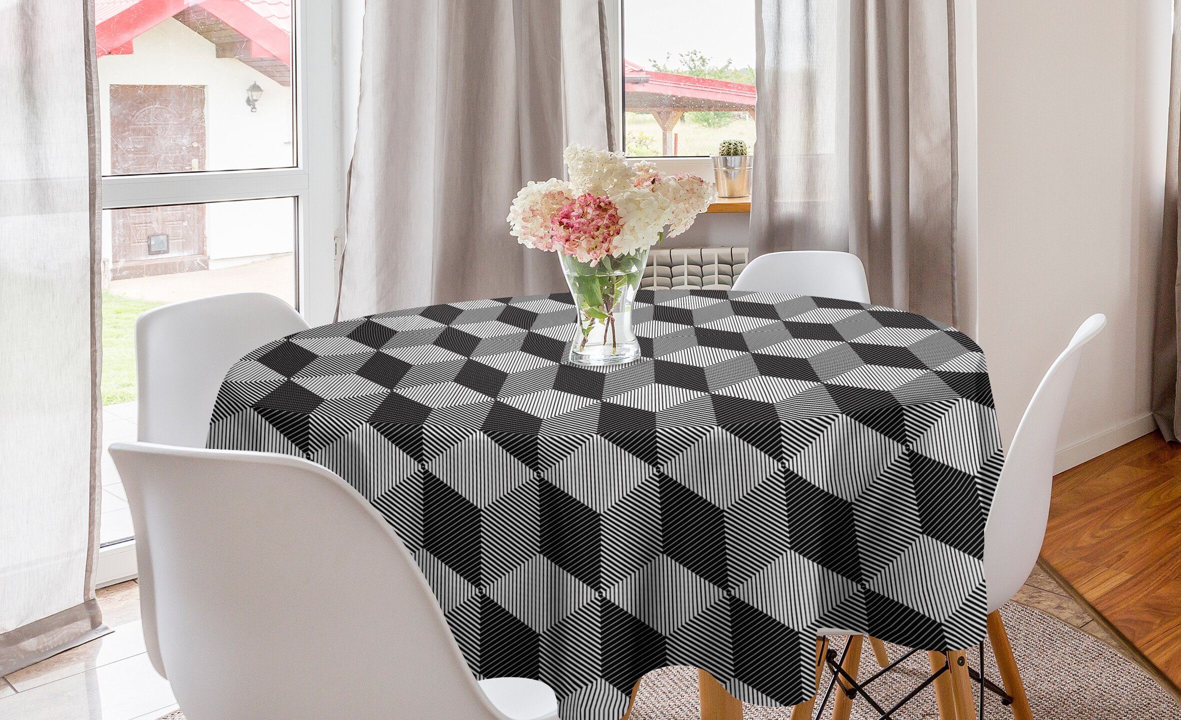 Abakuhaus Tischdecke Kreis Tischdecke Abdeckung für Esszimmer Küche Dekoration, Schwarz und weiß monochrome Cube