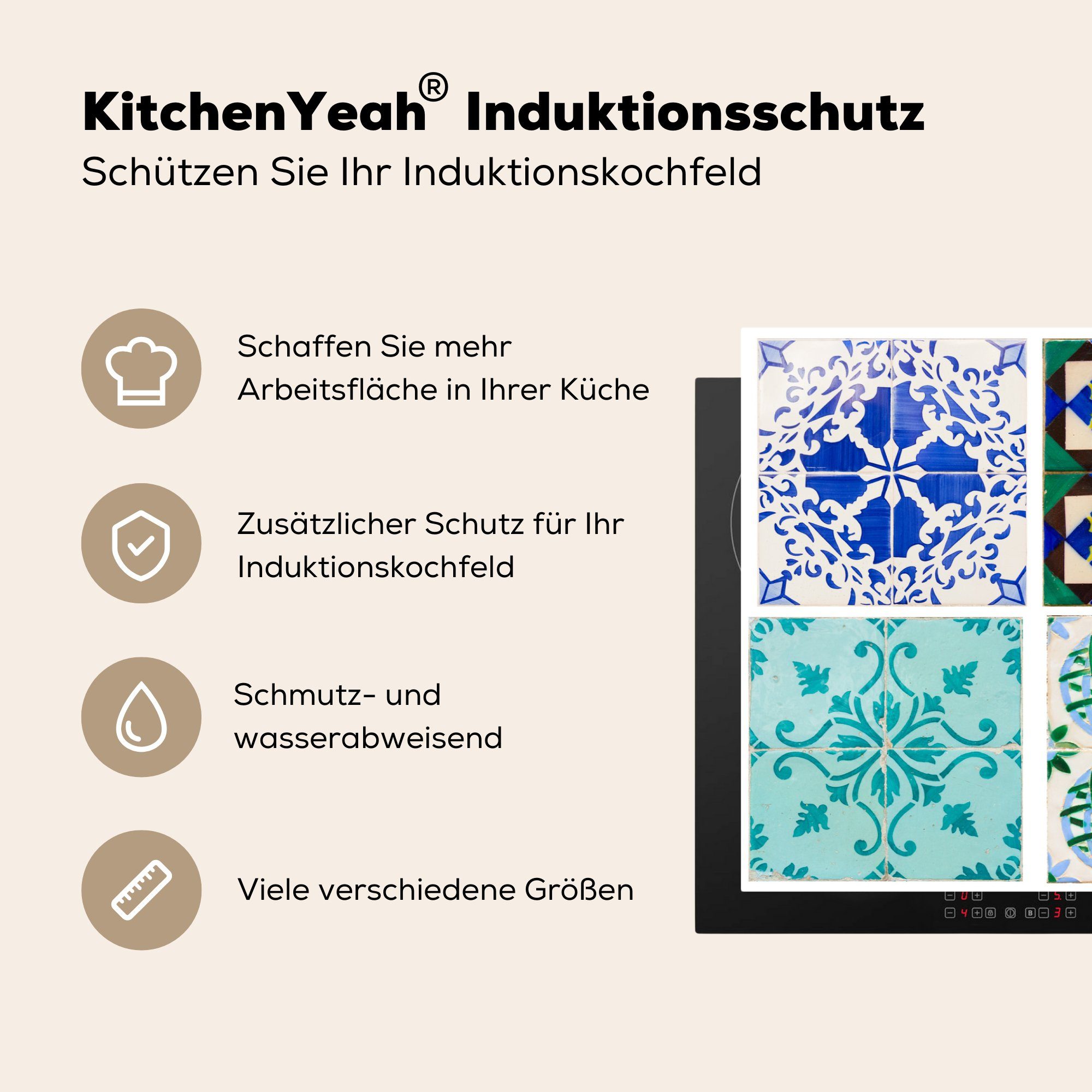 81x52 MuchoWow Schutz - küche, (1 cm, Muster, Kacheln - Induktionskochfeld Vinyl, tlg), Herdblende-/Abdeckplatte für die Ceranfeldabdeckung Blau