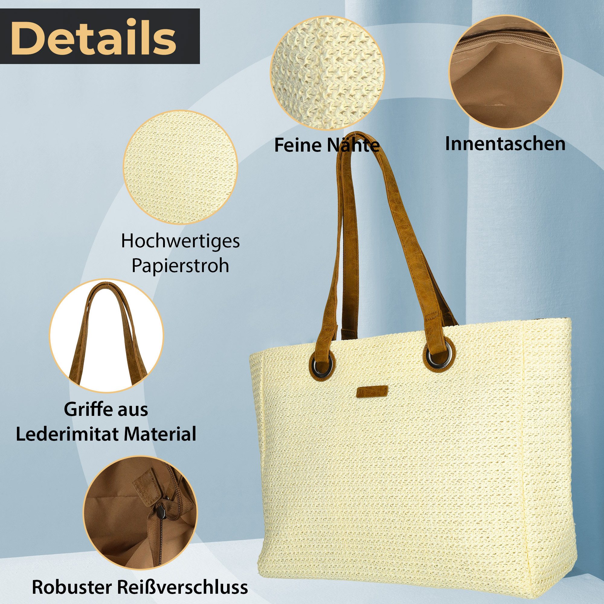 Enrico Benetti Strandtasche Badetasche mit Reißverschluss Damen Herren (Shopper, groß), in schöner Bastoptik