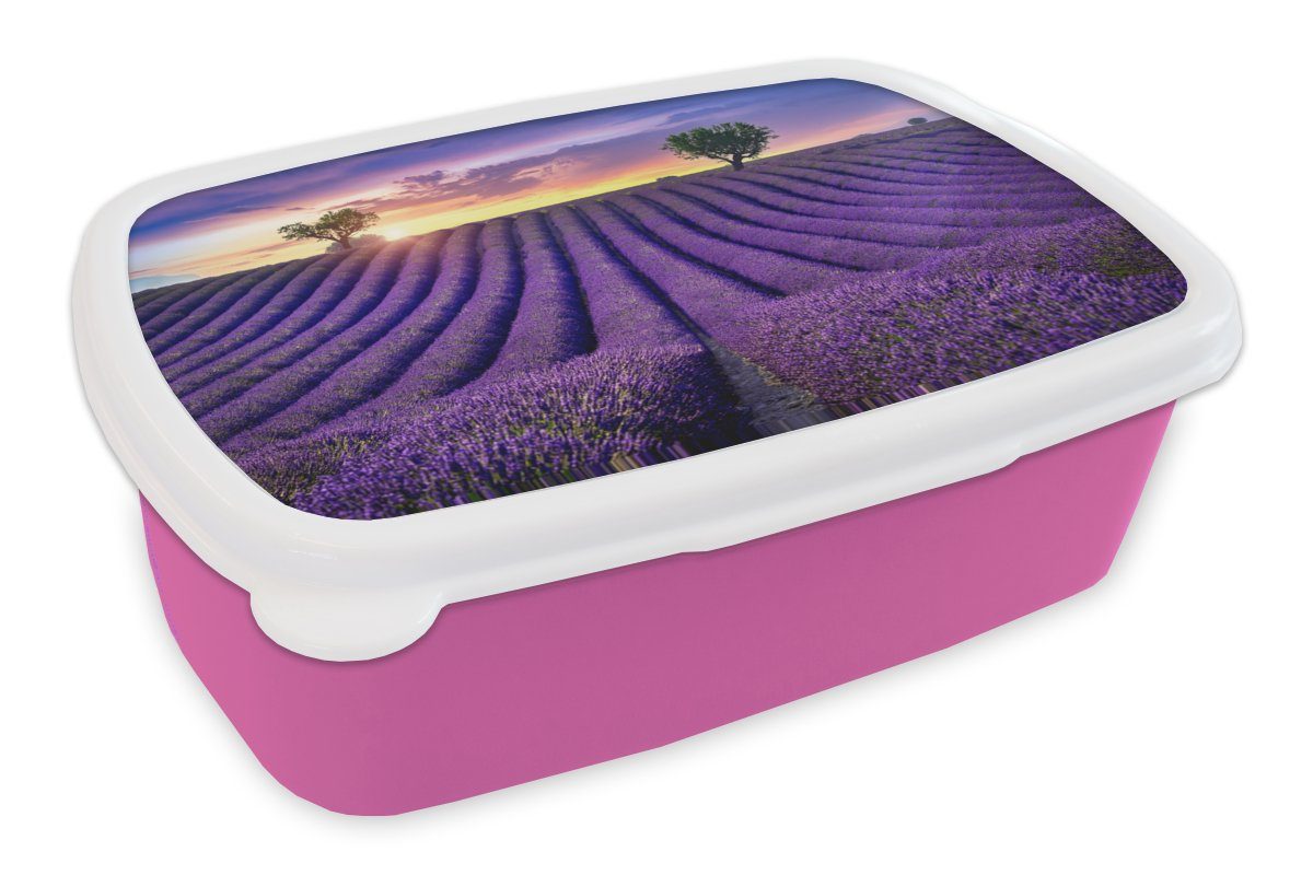 MuchoWow Lunchbox Lavendel - Hügel - Sonnenuntergang - Bpmen - Lila, Kunststoff, (2-tlg), Brotbox für Erwachsene, Brotdose Kinder, Snackbox, Mädchen, Kunststoff rosa