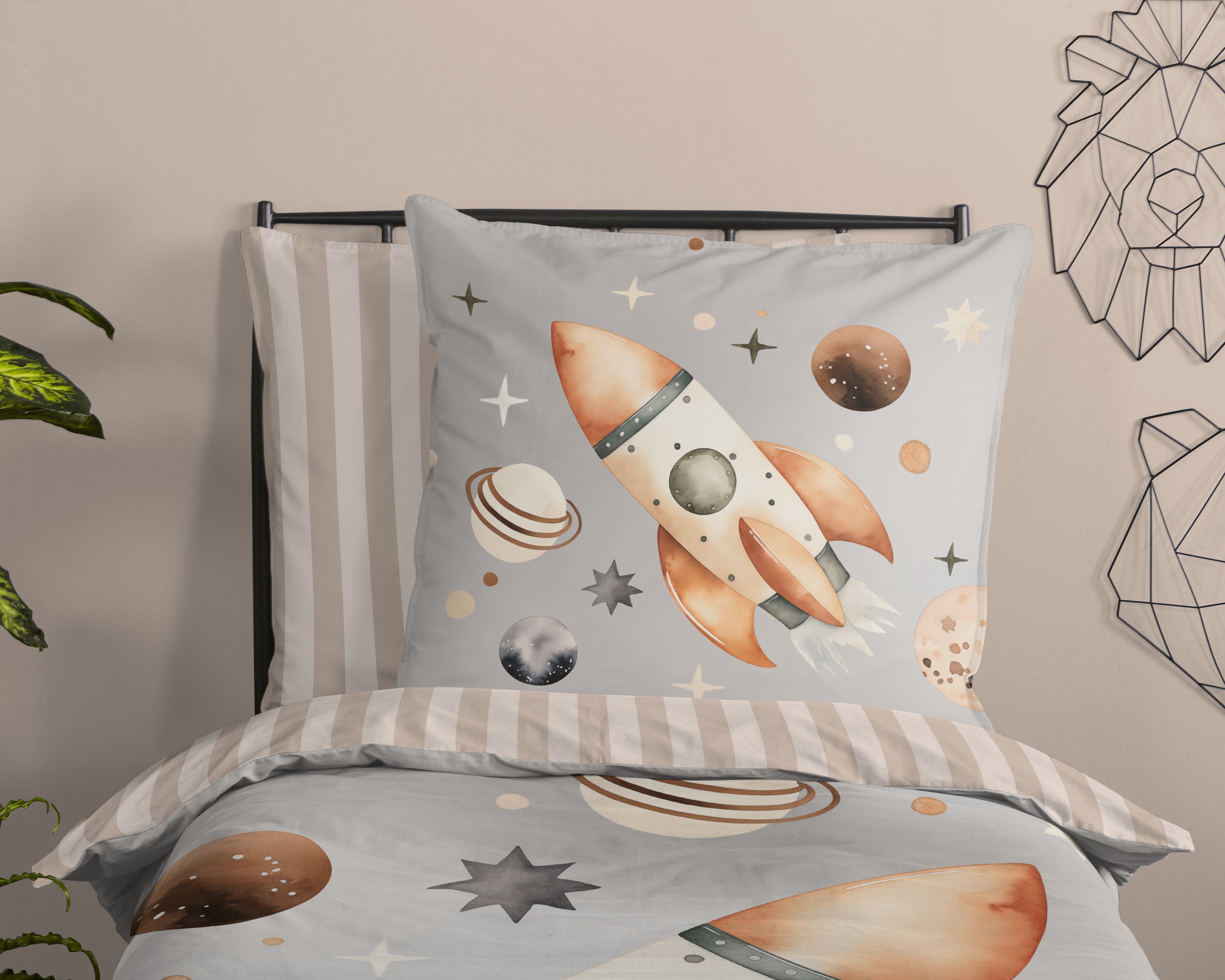 good morning Kinderbettwäsche Exploree, Renforcé, 2 teilig, Baumwolle, Renforcé, Wendeoptik, Kind, Junge, Weltall, Rakete