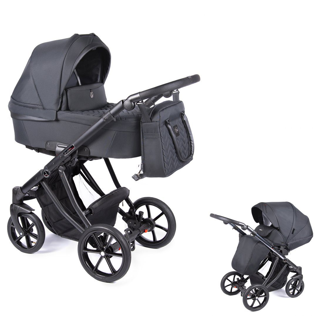 babies-on-wheels Kombi-Kinderwagen 2 in 1 Kinderwagen-Set Dante - 11 Teile - in 16 Farben Grau = Gestell schwarz